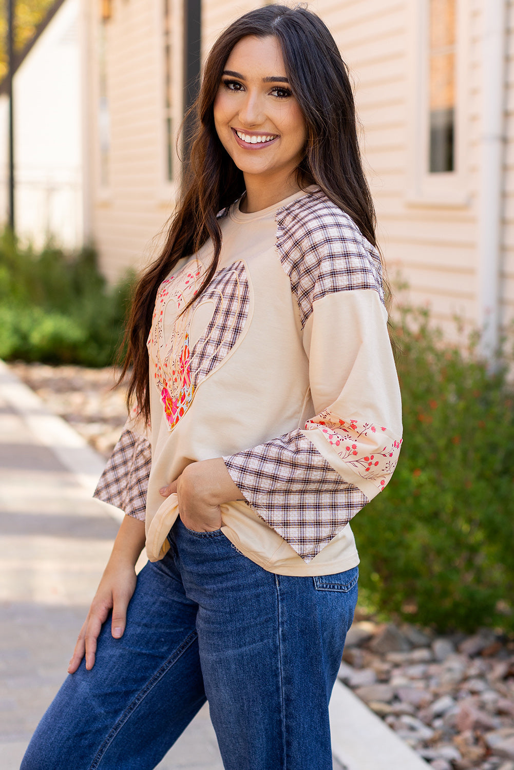 Clearly Aqua Plaid Floral Peace Heart Graphic Wide Long Sleeve Top Beagle Boutique Fashion Outlet