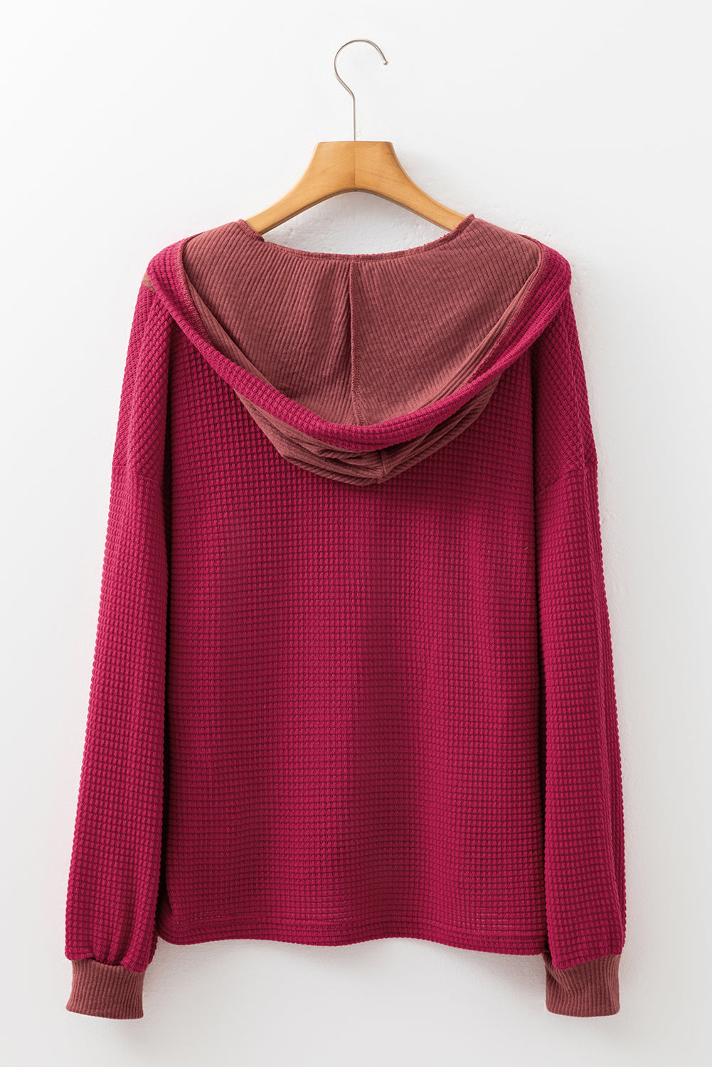 Waffle Patchwork Drop Shoulder Hooded Long Sleeve Top - eAura