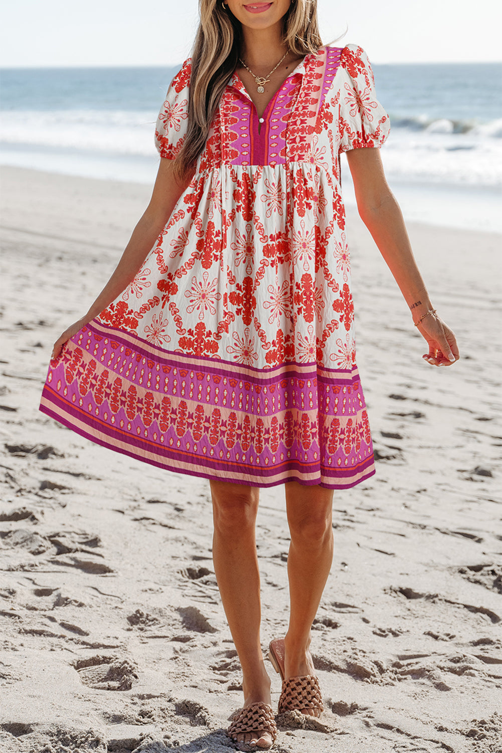 Rose Boho Floral Short Sleeve Lace-up V Neck Mini Dress eAura