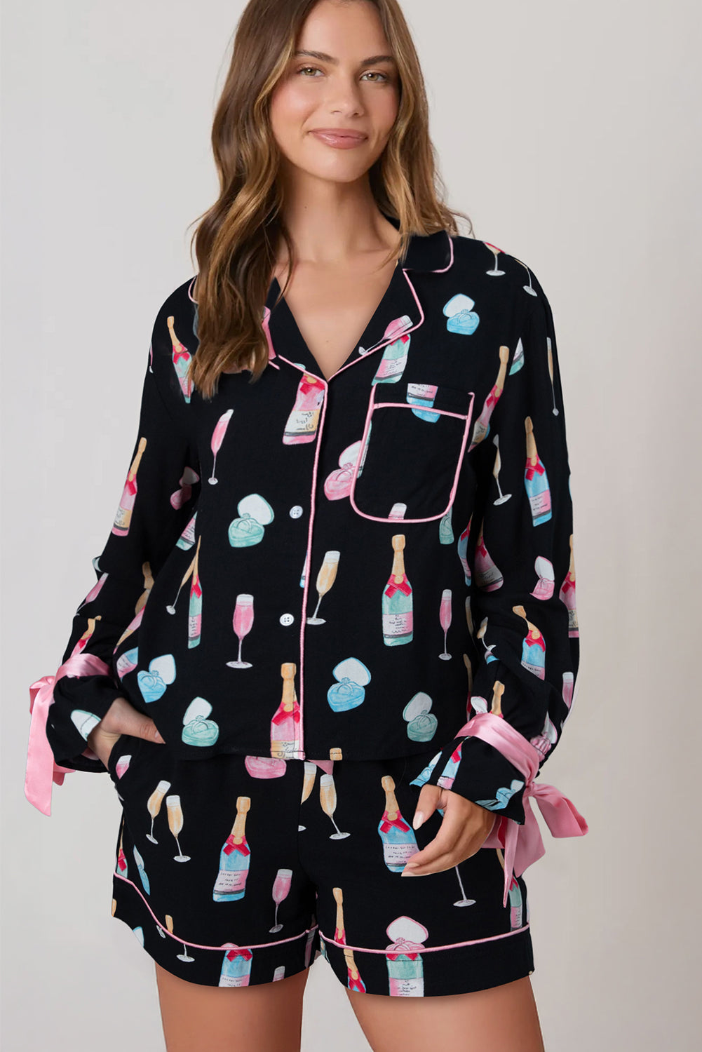 Christmas Wine Glass Print Bow Knot Two Piece Pajama Set – Color Black
