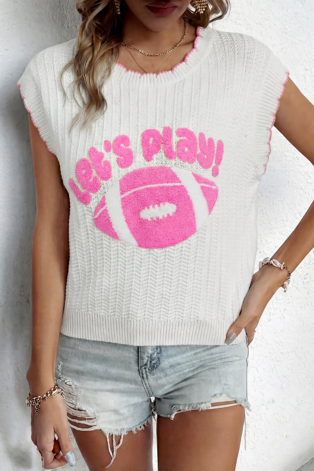 Lets Play Rugby Pattern Textured Knit Casual Shift Sweater Vest – White