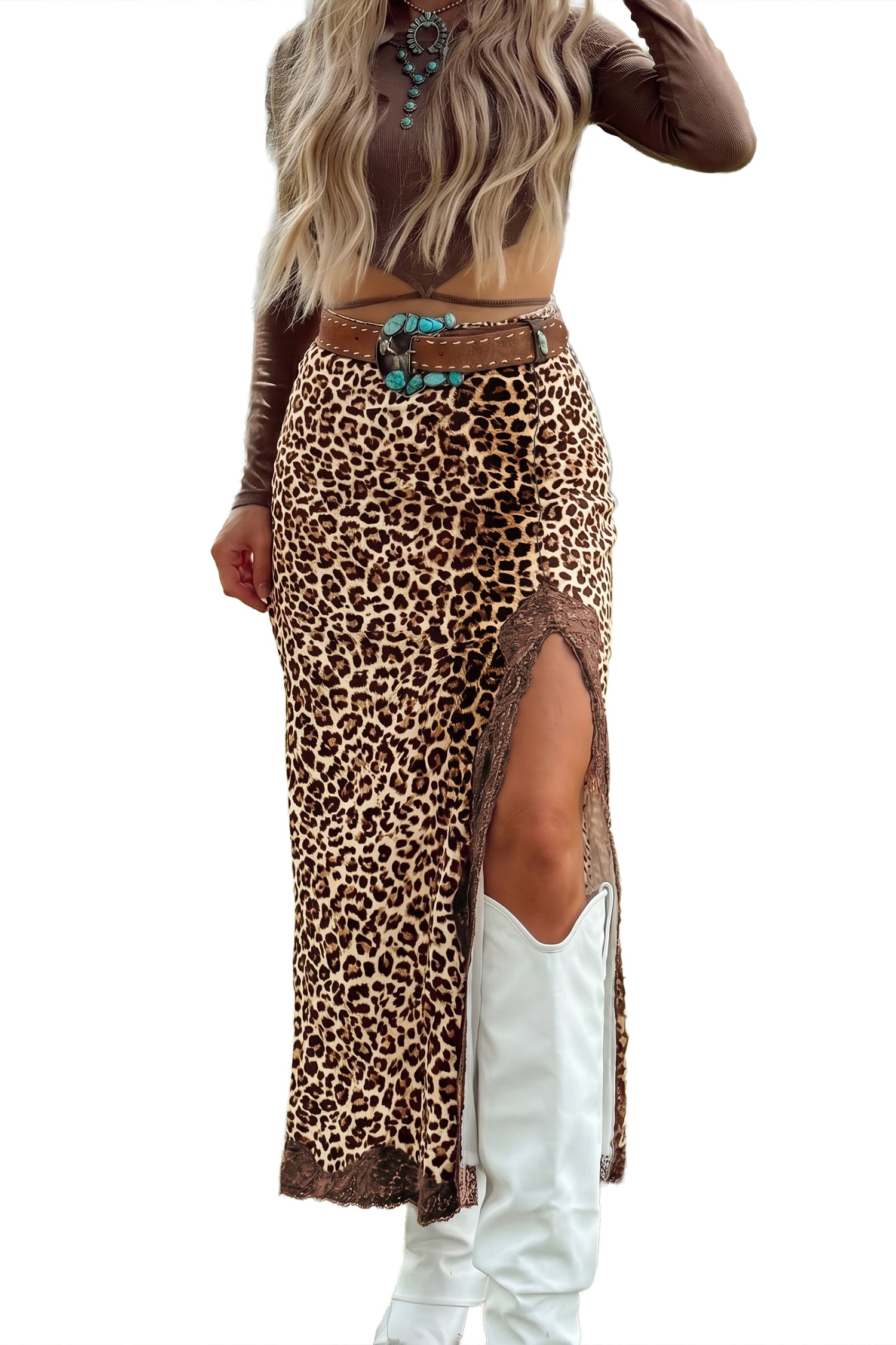 Cheetah Print Trim Split Long Western Skirt – Khaki