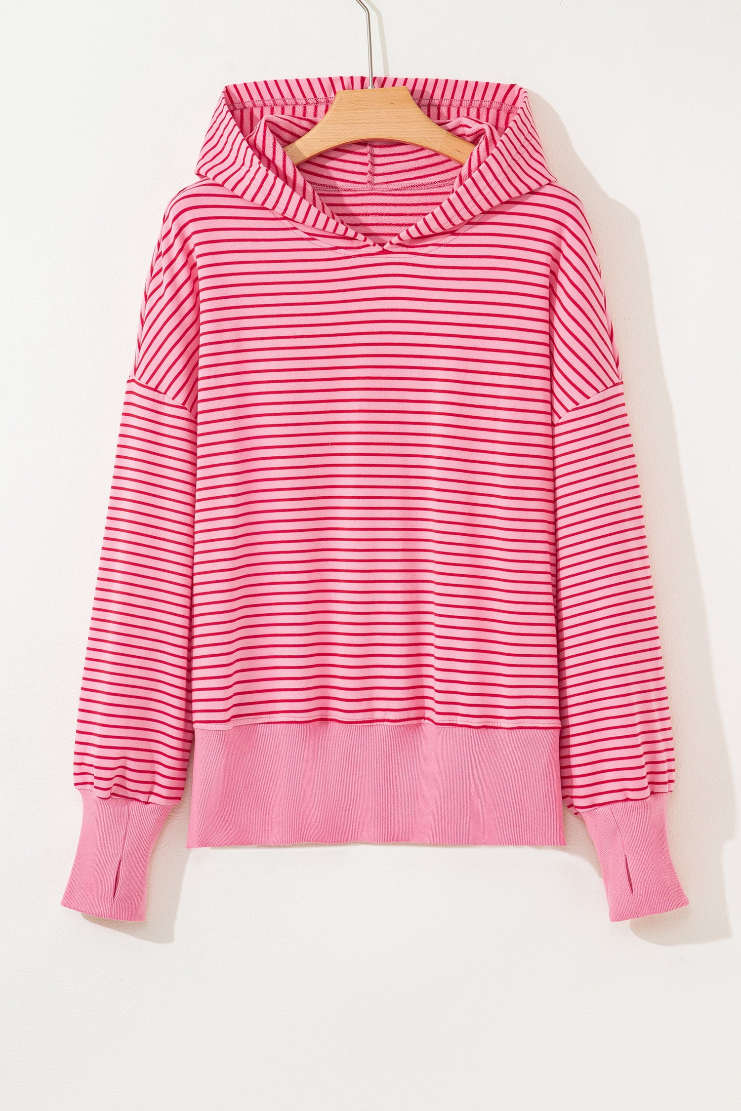 Stripe Thumbhole Side Slits Drop Shoulder Loose Fit Hoodie - eAura