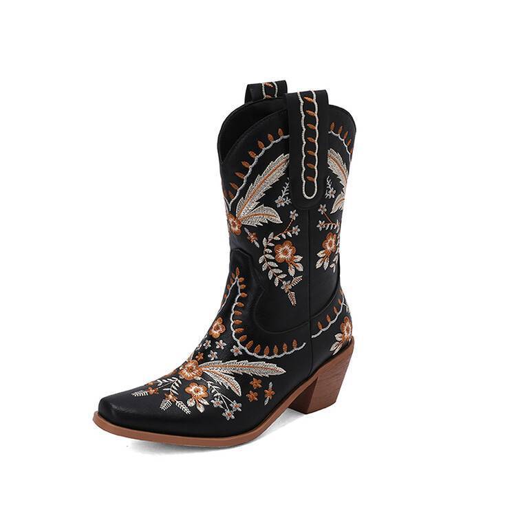 Chunky Heel Embroidery Knee-high Cowboy Boots - eAura