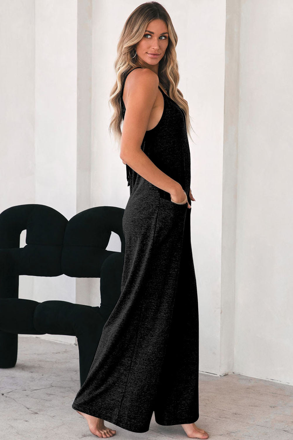 Grey Patch Pockets Spaghetti Strap Wide Leg Jumpsuit eAura