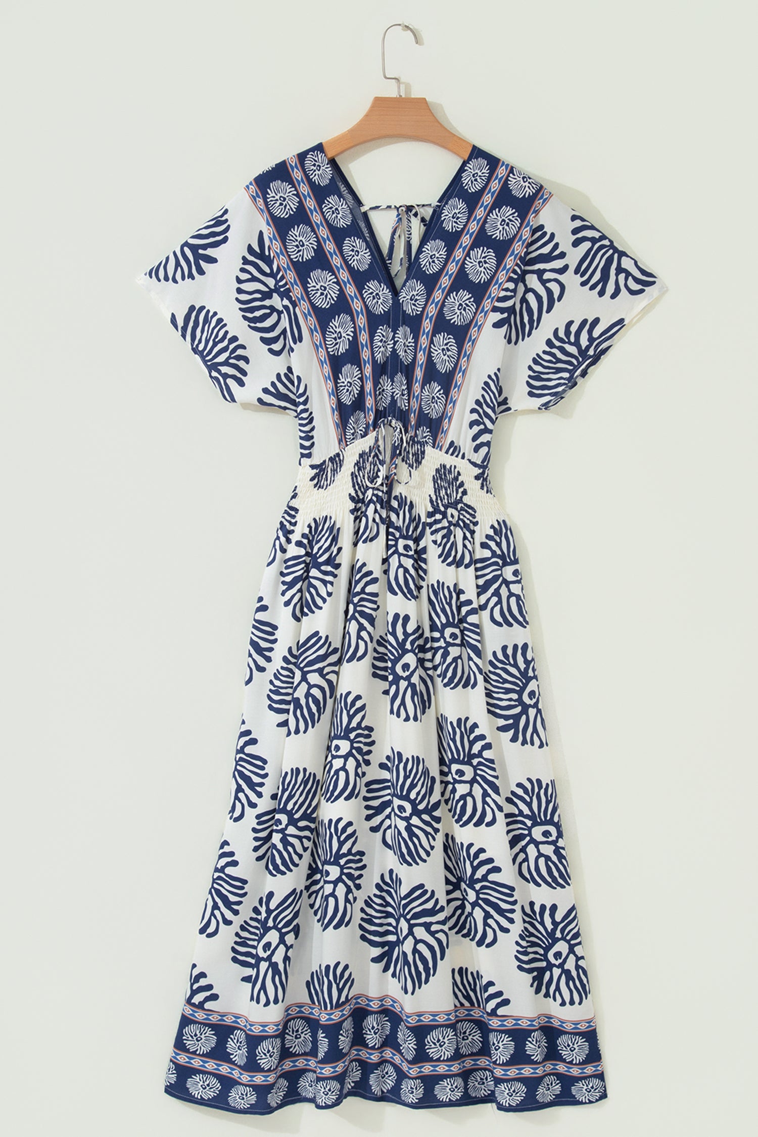 Boho Floral Print Contrast Patchwork V Neck Dolman Maxi Dress – Blue
