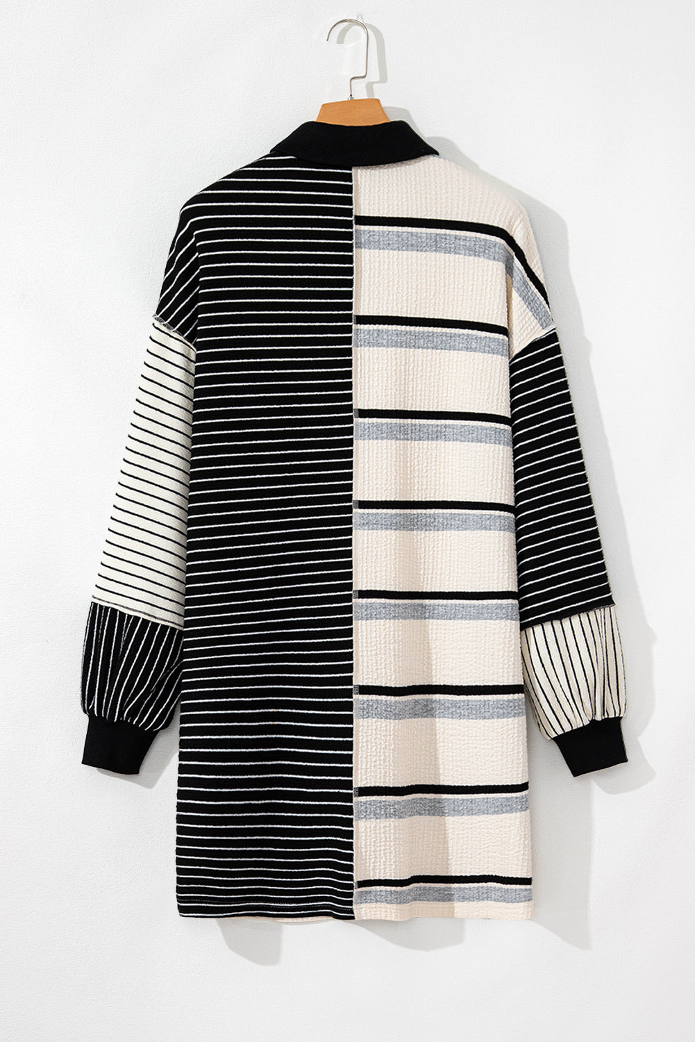Black Stripe Colorblock Knit Henley Collar Shift Long Sleeve Mini Dress Dear-Lover Dropshipping