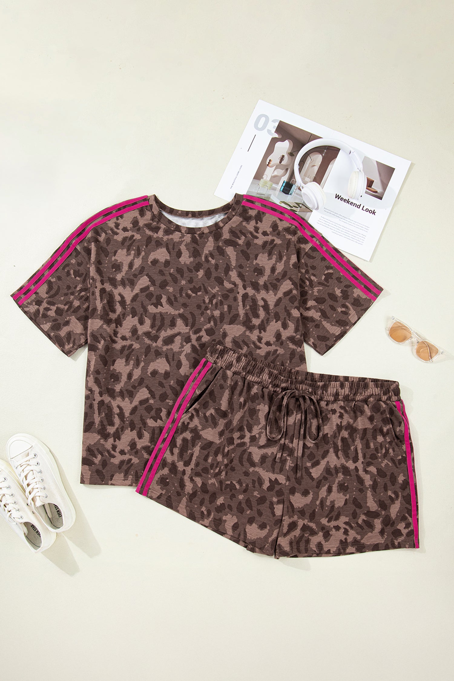 Plus Size Leopard Print Varsity Stripe 2-Piece Short Set – Brown