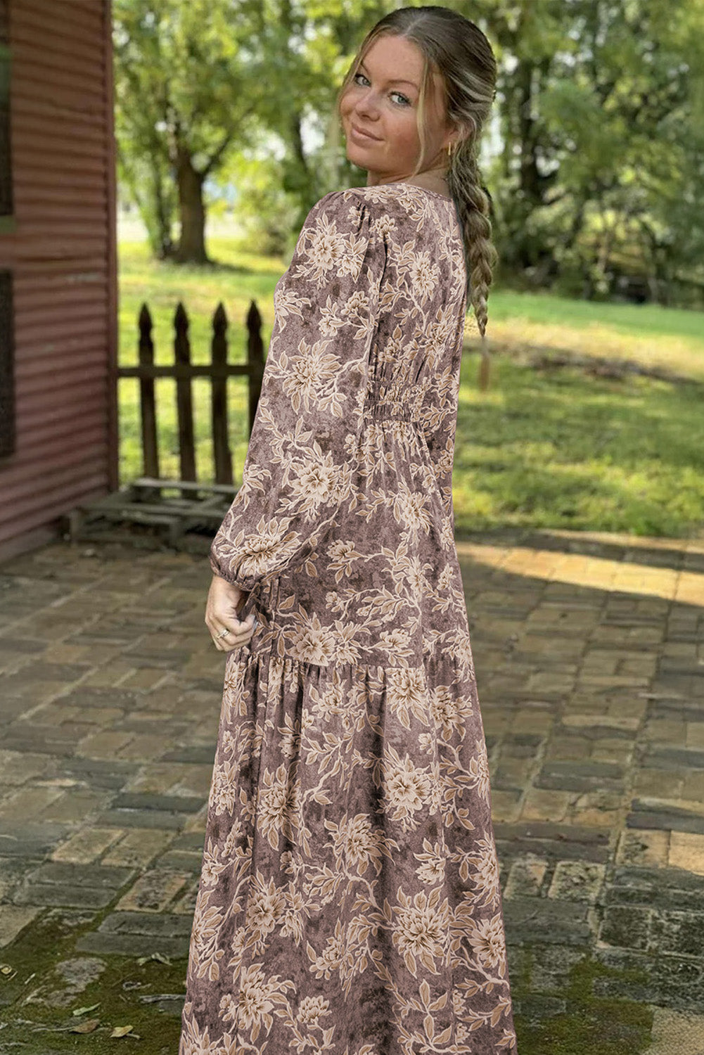 Floral Print Smocked High Waist Long Sleeve Maxi Dress