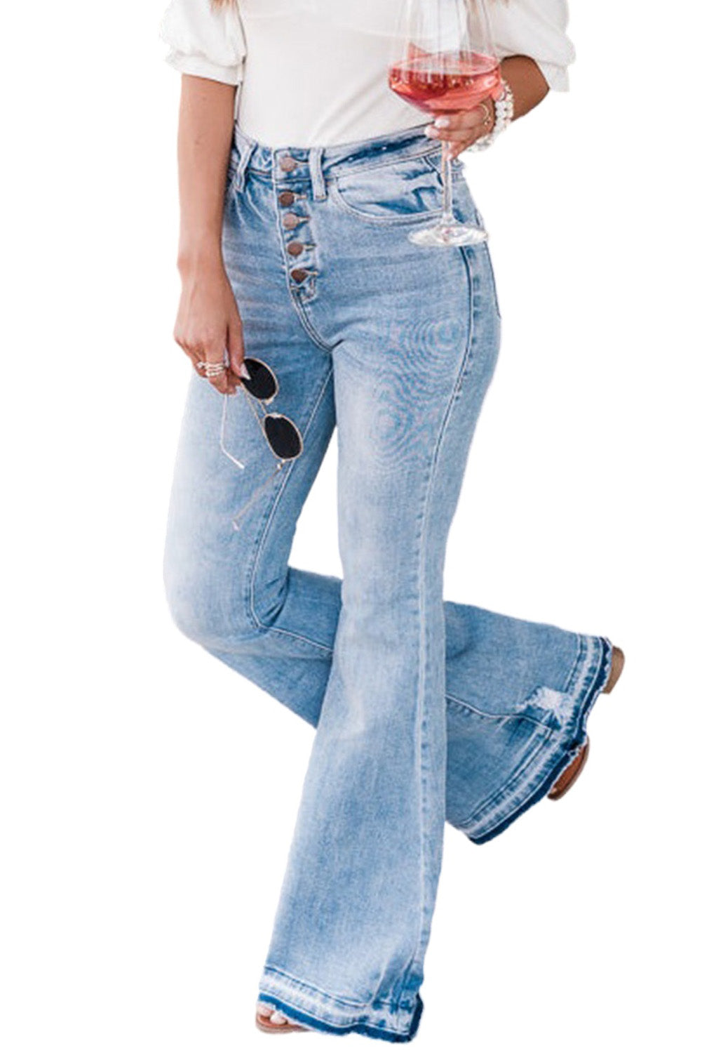 Sky Blue High Waist Buttoned Distressed Flared Jeans Beagle Boutique Fashion Outlet