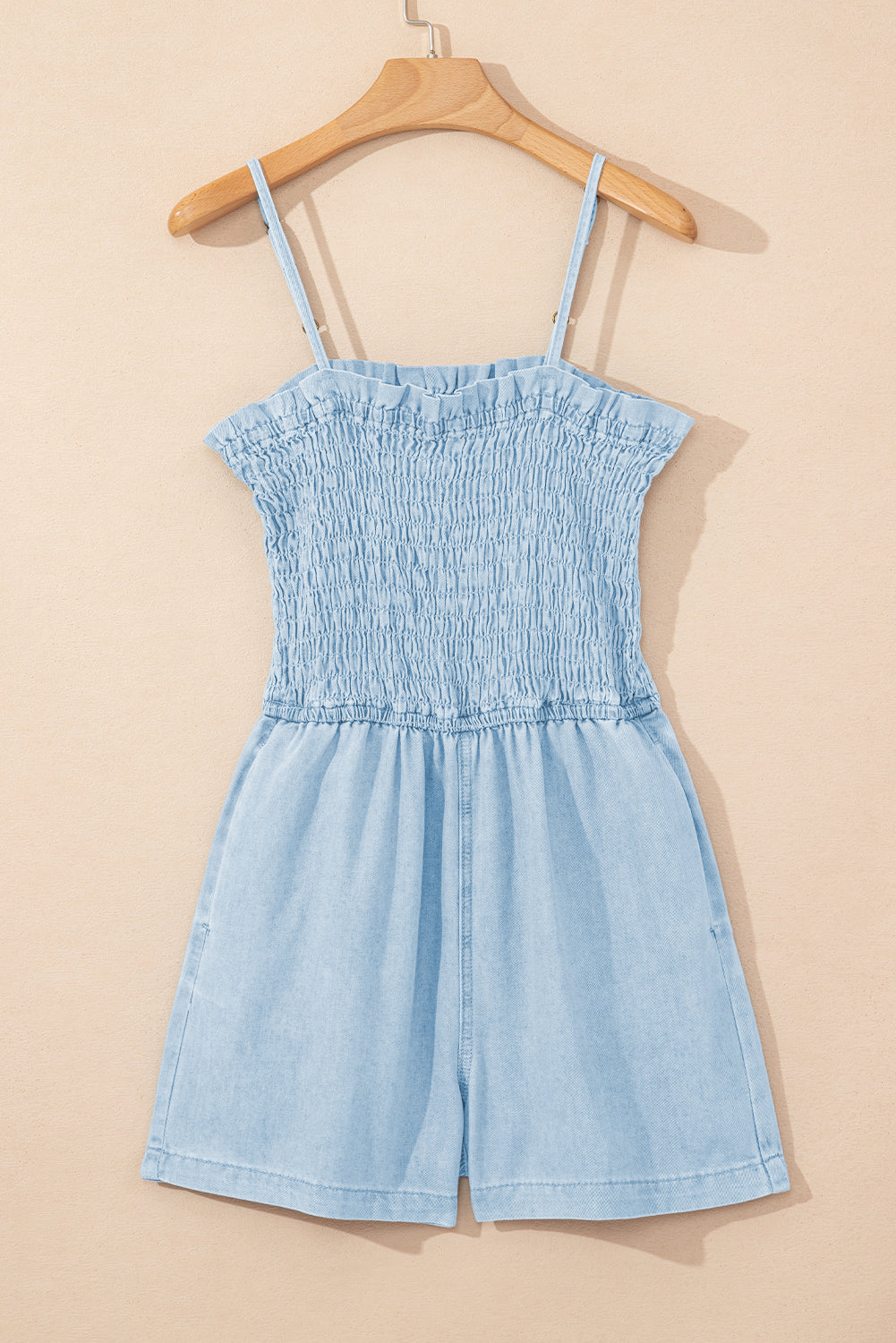 Beau Blue Spaghetti Strap Smocked Denim Romper - eAura