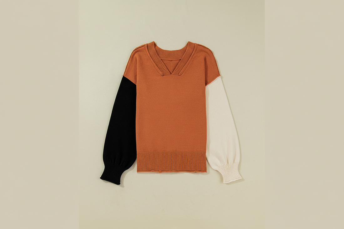 Colourblock Raw Edge Bubble Sleeve V-Neck Oversized Sweater - Sweaters & Cardigans/Sweaters