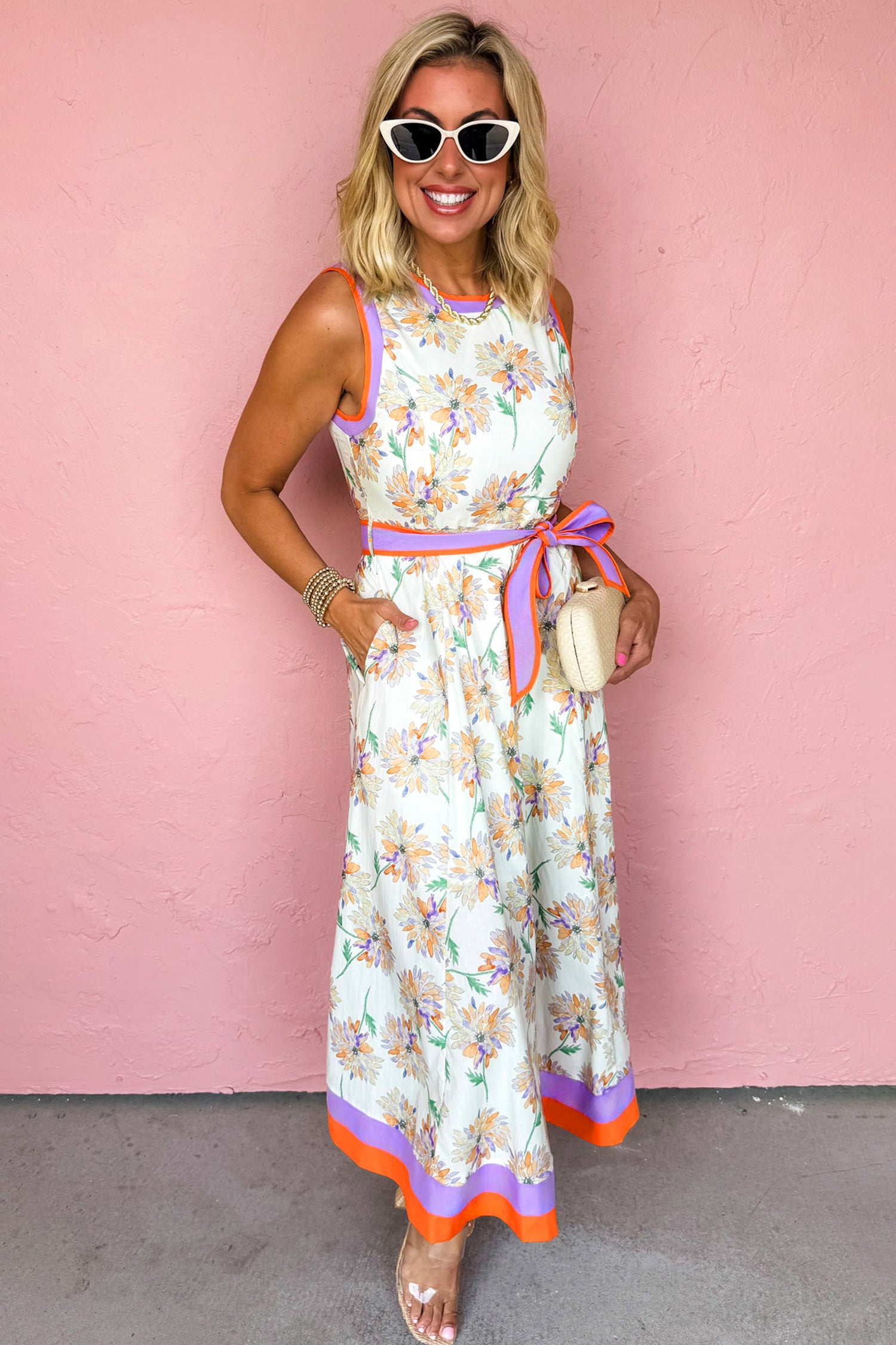 Floral Print Colour Block Trim Belted Sleeveless Maxi Dress