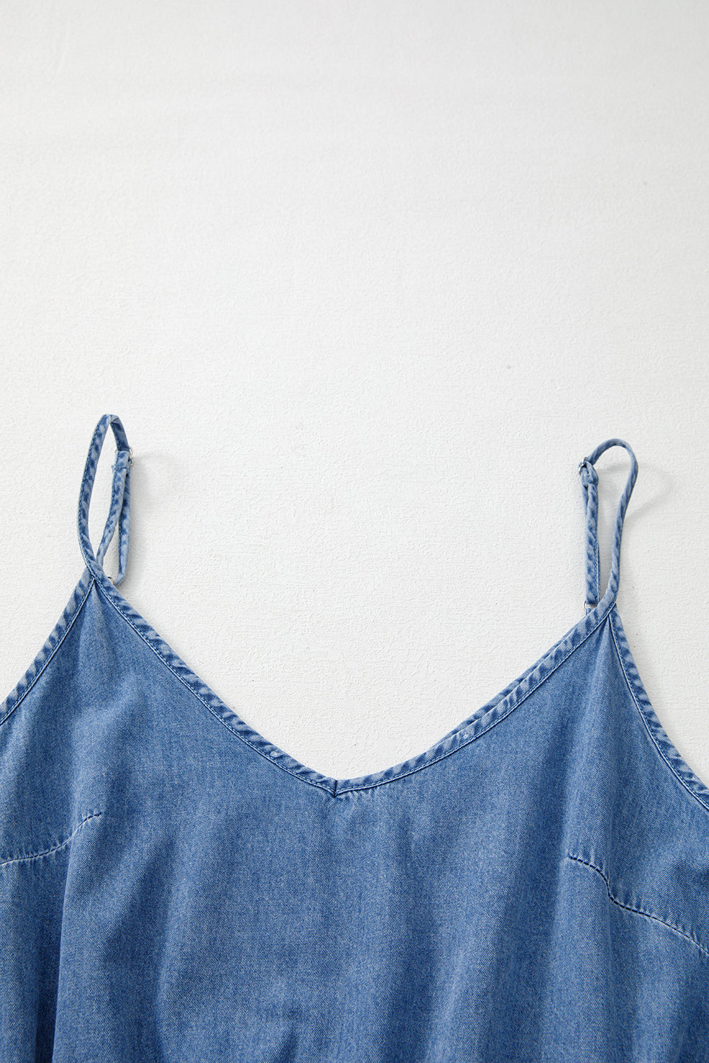 Ashleigh Blue Spaghetti Straps V Neck Belted Ruffled Leg Chambray Romper eAura