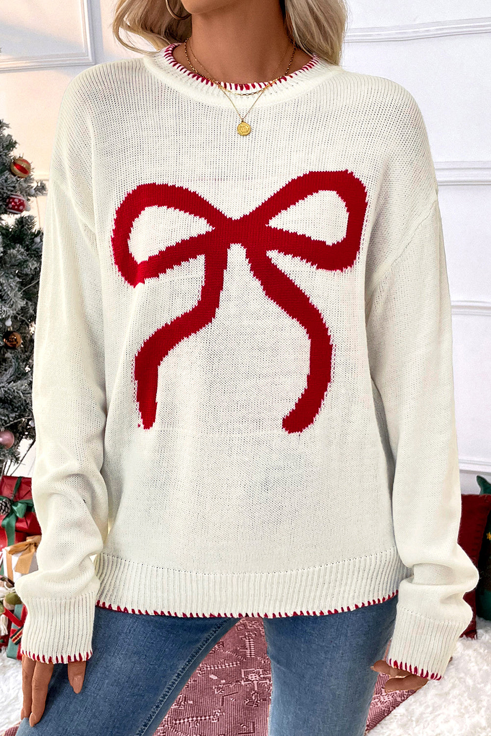White Bow Pattern Contrast Trim Christmas Loose Graphic Sweater - eAura