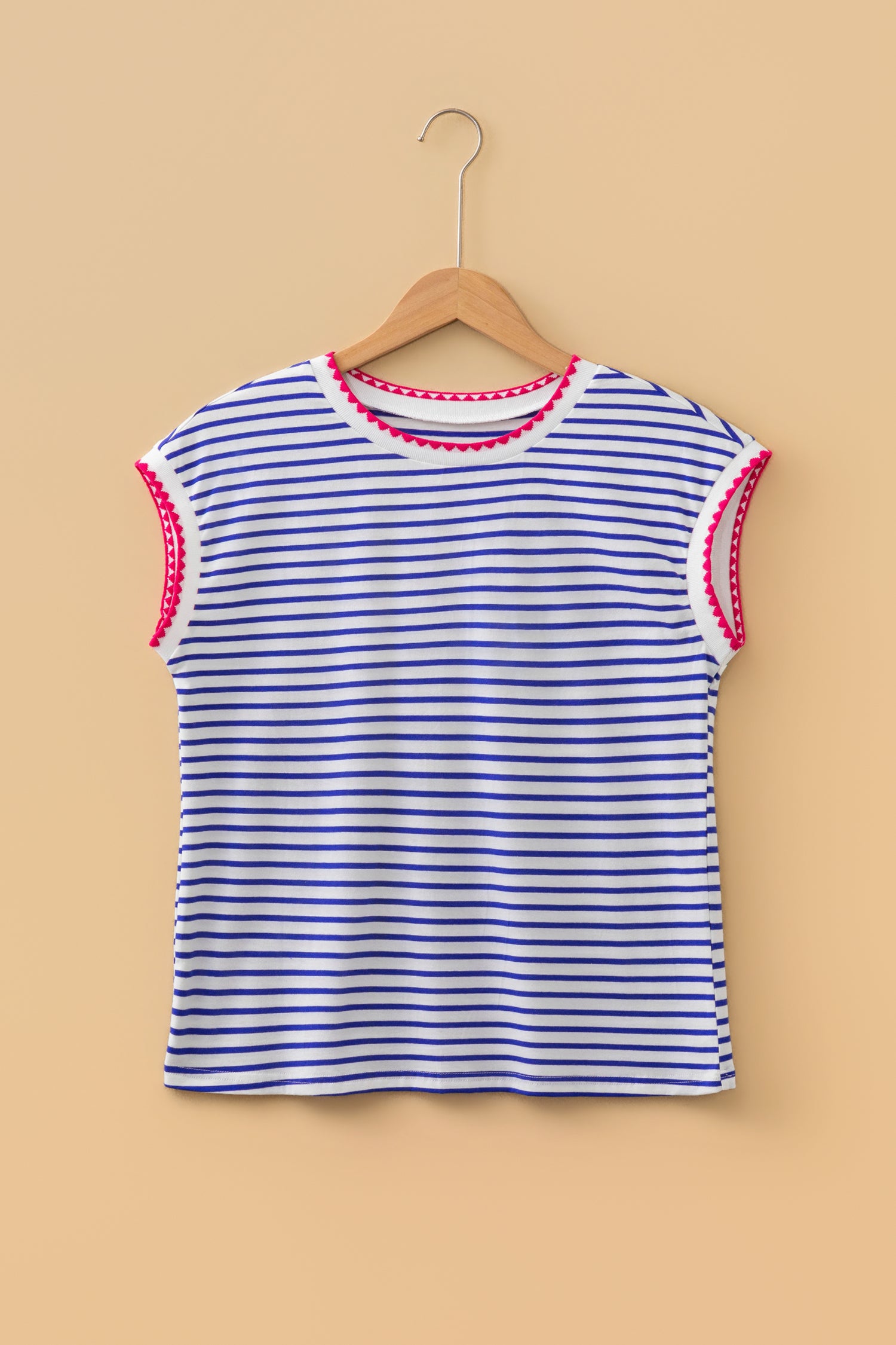 Contrast Trim Round Neck Cap Sleeve Tee – Blue Stripe