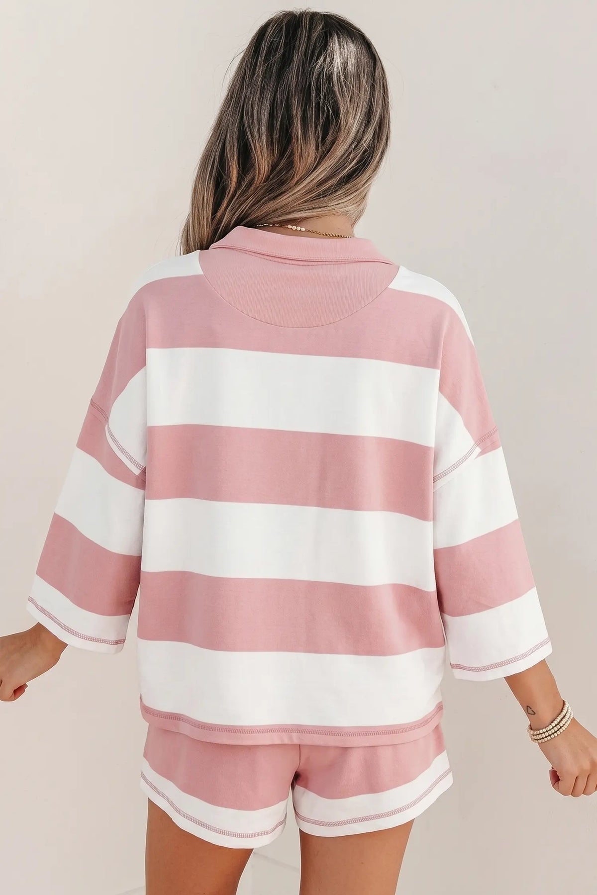 Half Zip Bracelet Sleeve Top Casual Short Set – Pink Stripe