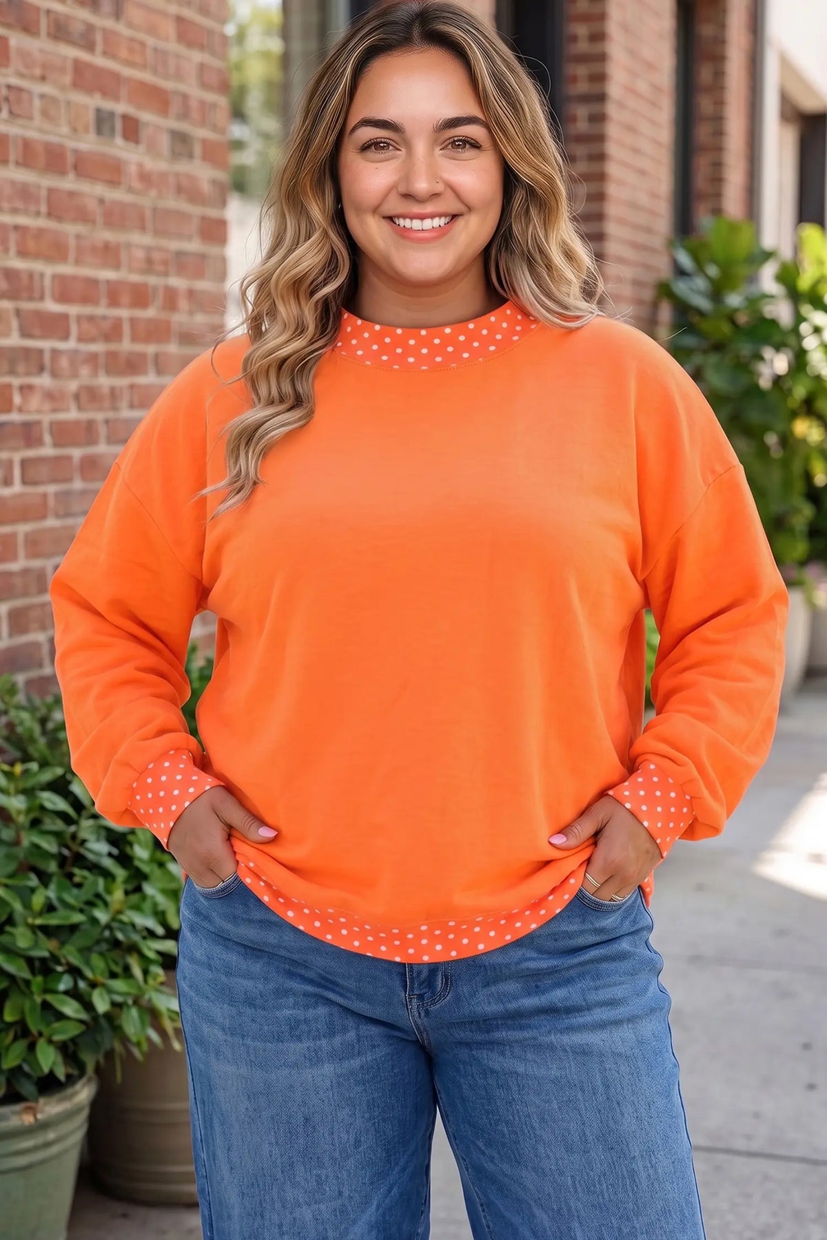 Polka Dot Patchwork Round Neck Plus Size Sweatshirt – Racing Red