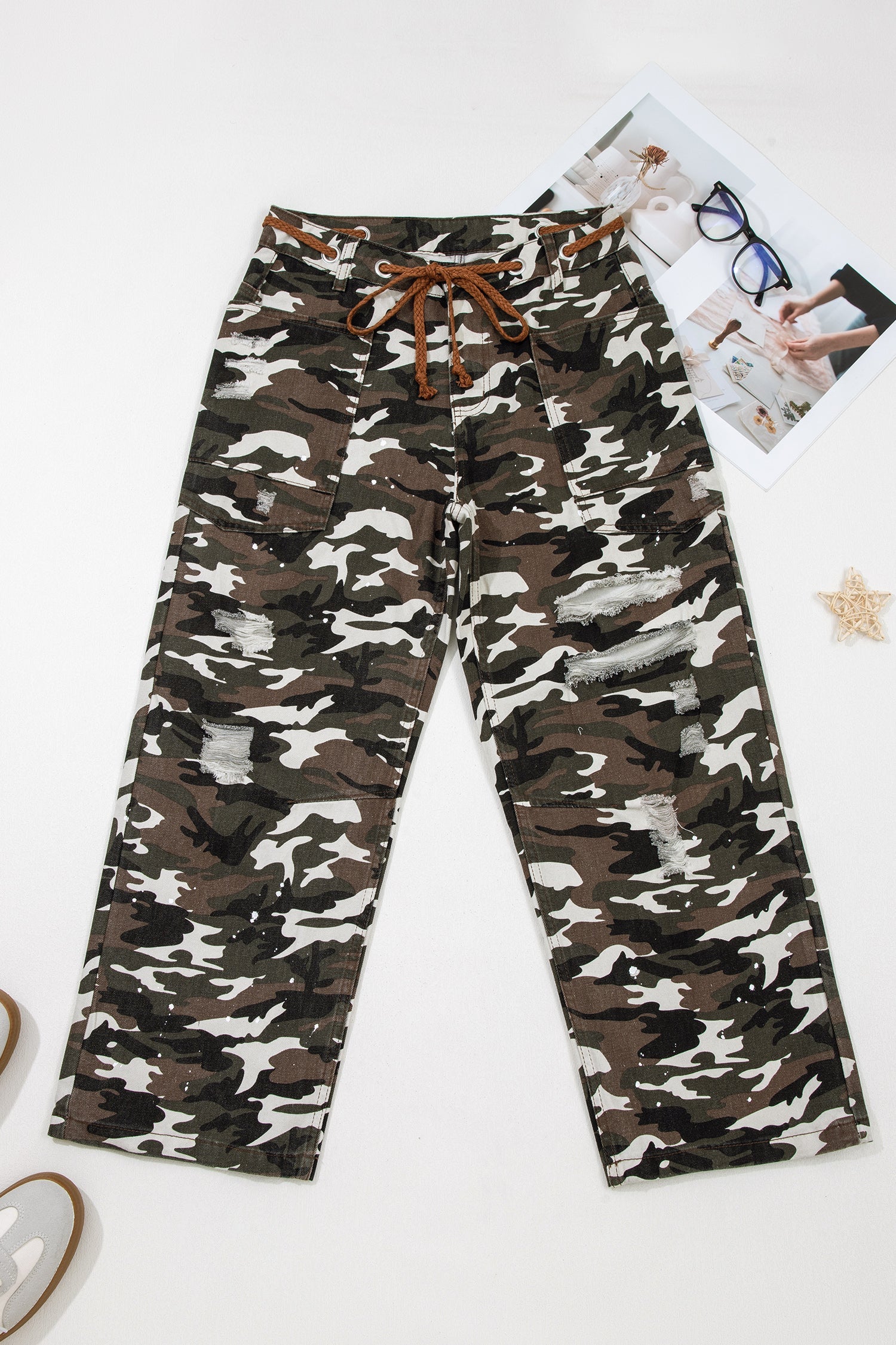 Camouflage Print Splashed Distressed Loose Denim Pants - eAura