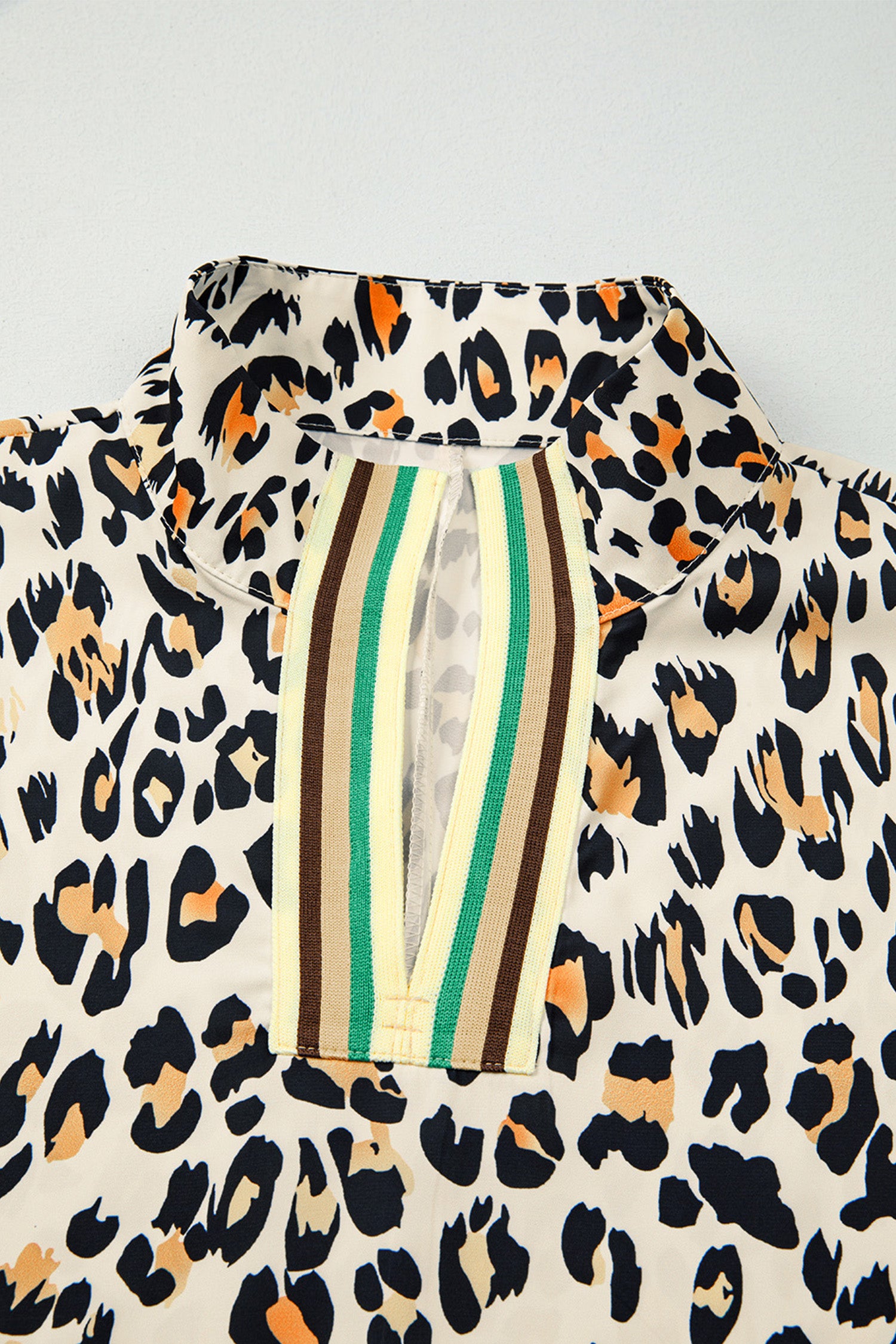Leopard Contrast Striped V-Neck Loose Fit Blouse