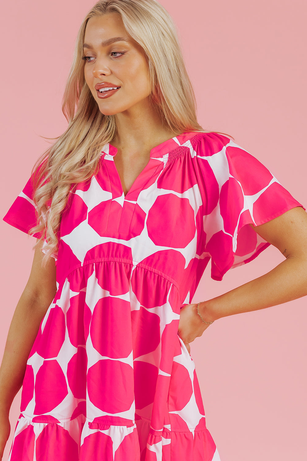 Rose Polka Dot Flutter Sleeve Notched Neck Tiered Flowy Dress - eAura