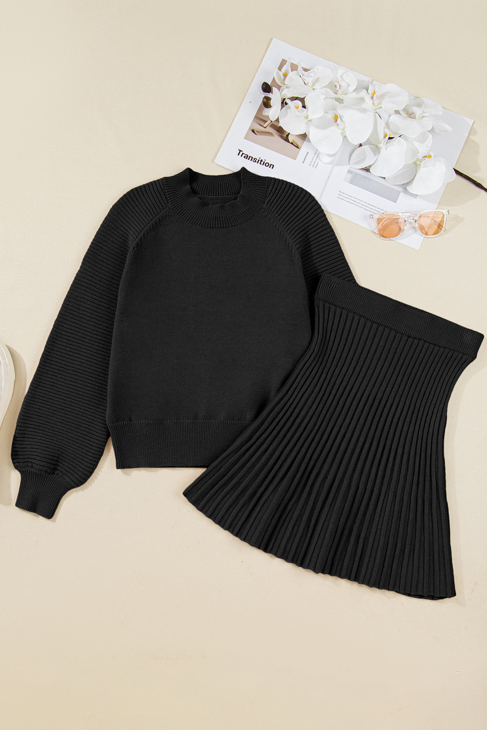 High Neck Puff Sleeve Sweater and Pleated Mini Skirt Co-ord Knit Outfit - Two Piece Sets/Two Dresses