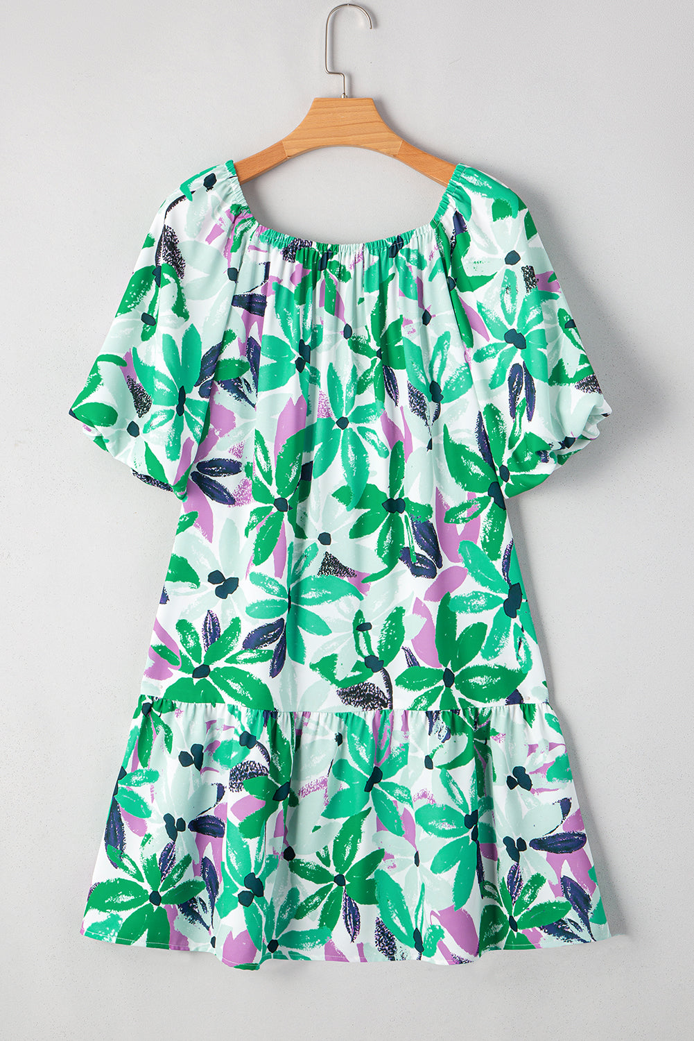 Green Floral Print Shirred Square Neck Loose Fit Mini Dress eAura