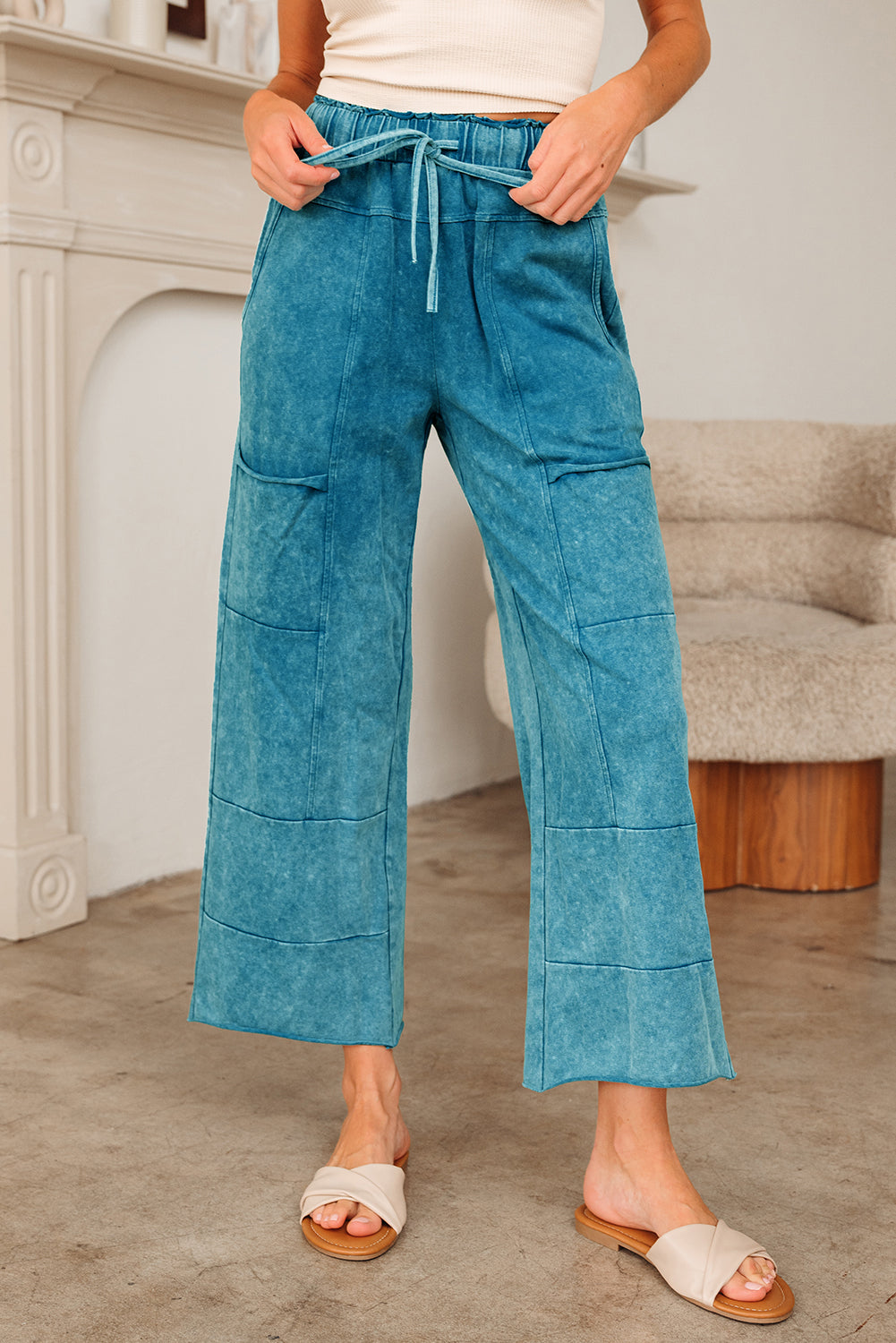 Mineral Wash High Waist Raw Hem Patched Trousers - eAura