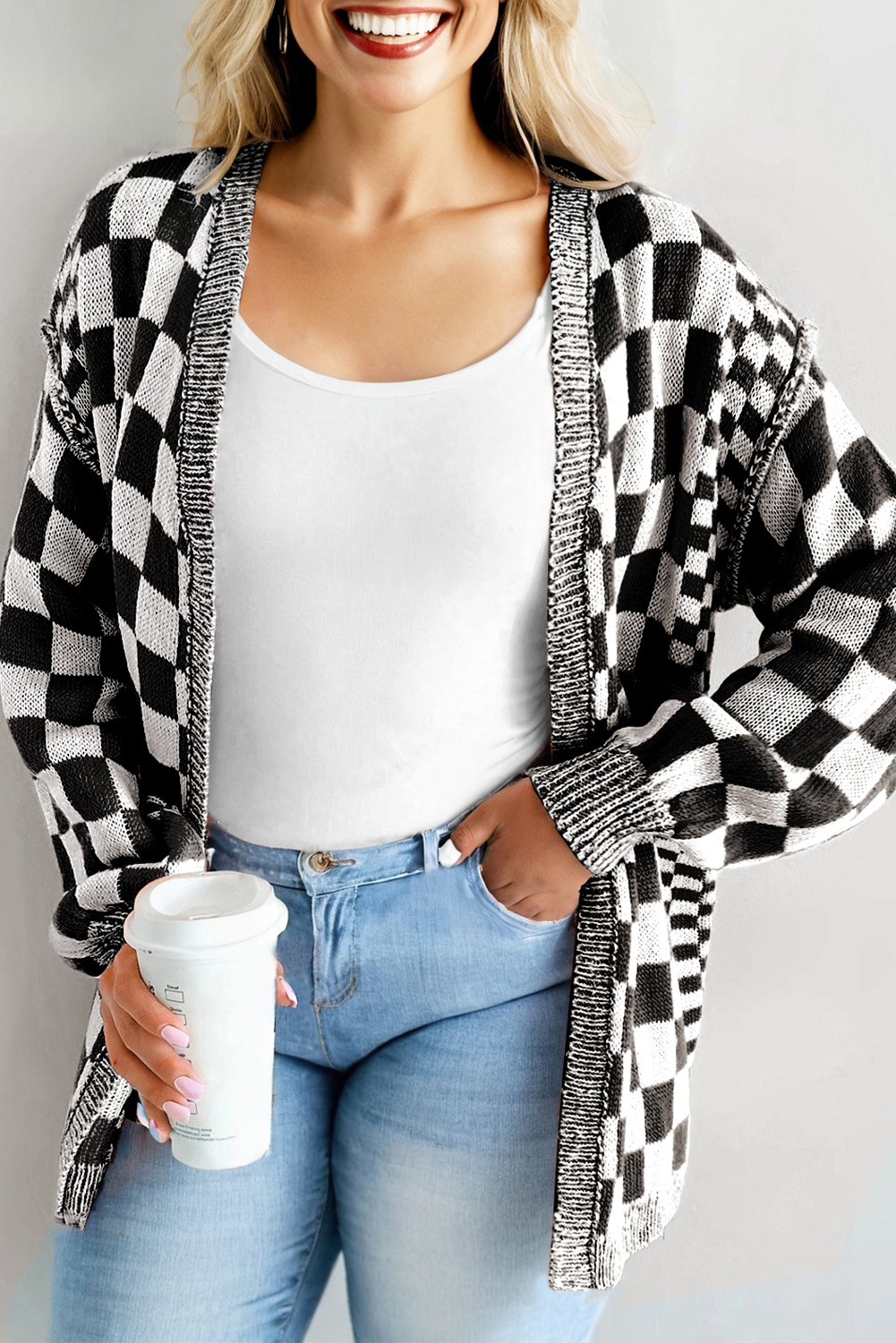 Checkered Bubble Sleeve Drop Shoulder Open Cardigan eAura