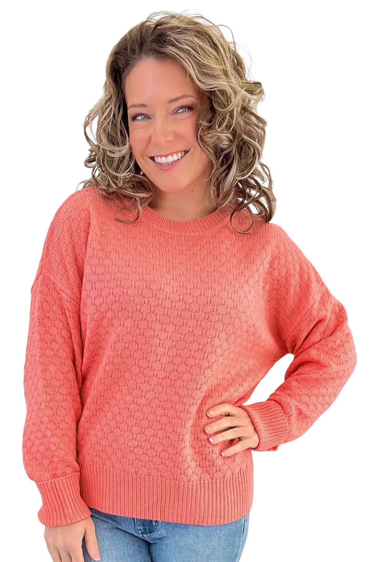 Breathable Patterned Knit Drop Shoulder Pullover Sweater – Coral Paradise