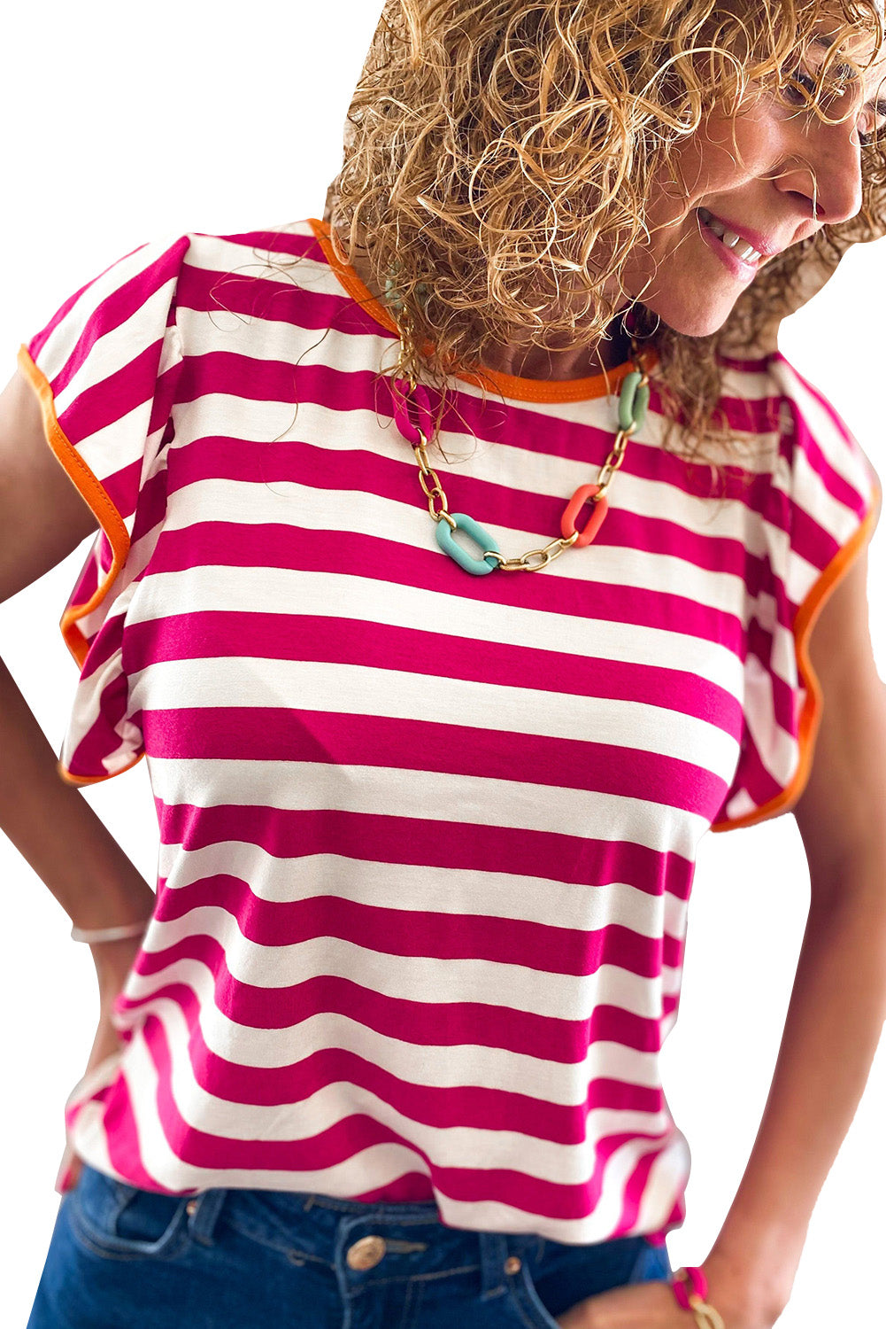 Rose Red Striped Ruffle Sleeve Crew Neck Blouse eAura