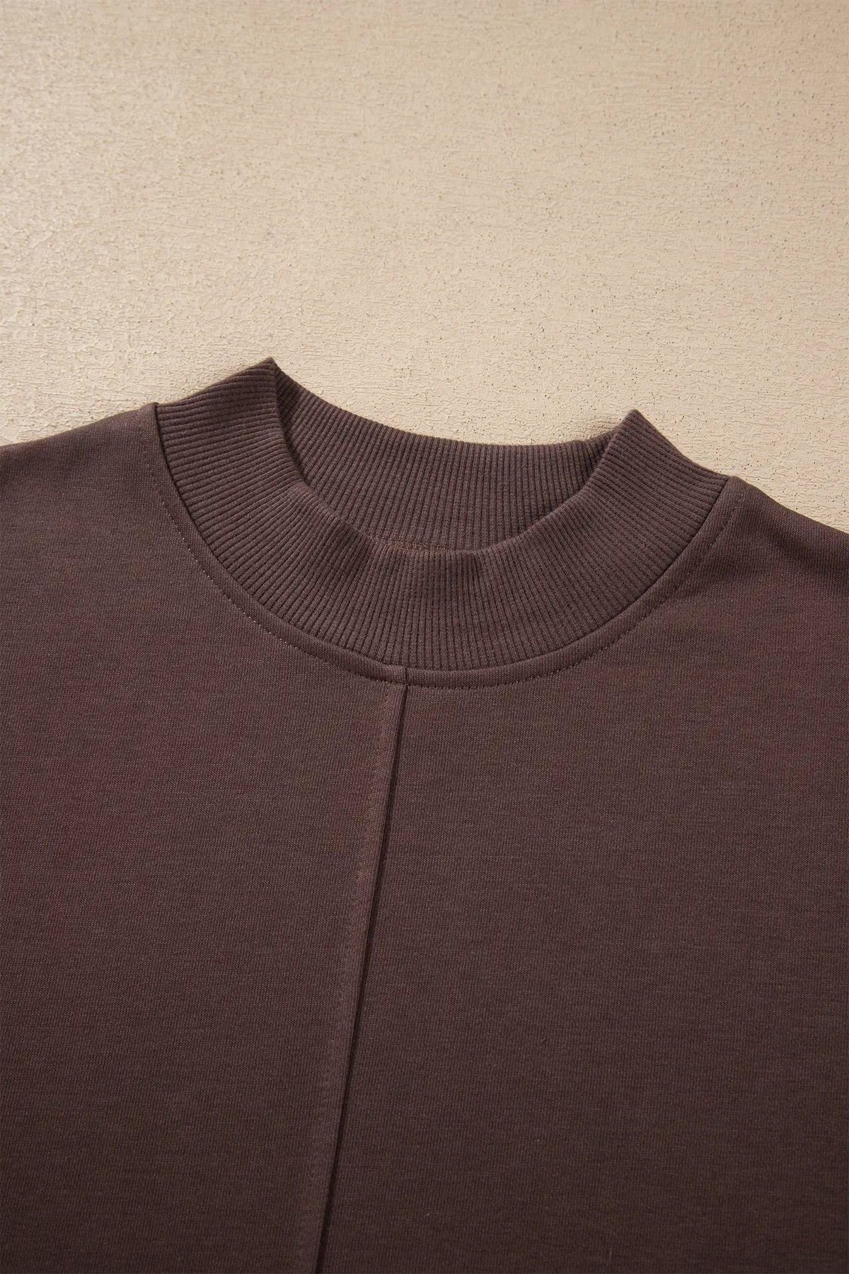 Coffee Solid Colour Piping Trim Mock Neck Pullover Drawstring Pants Set – Brown