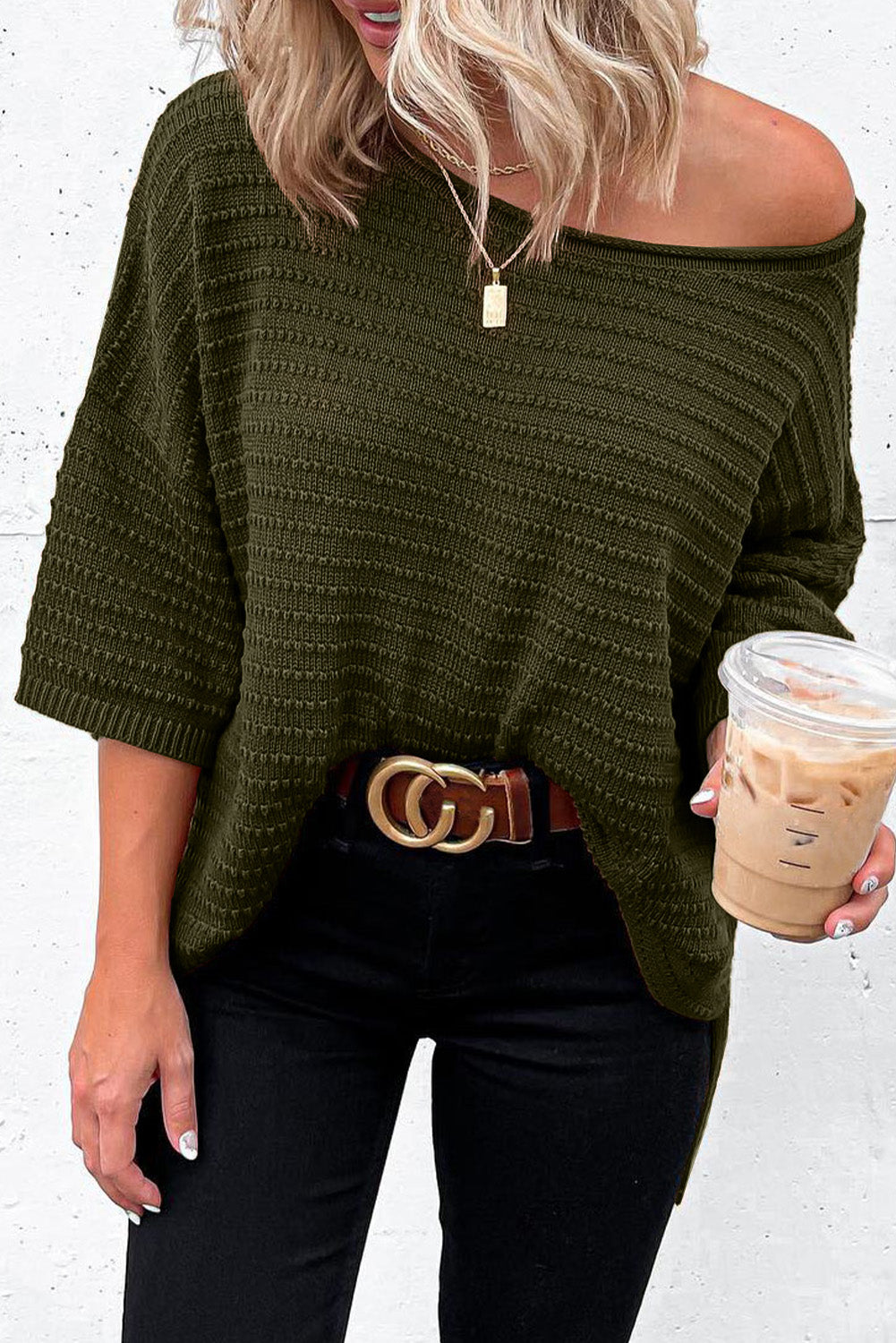 Textured Knit Drop Shoulder Short Sleeve Top eAura