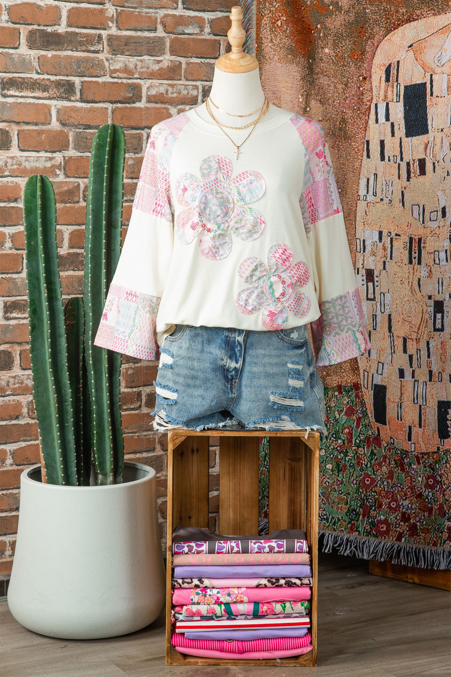 Retro Floral Patchwork Long Sleeve Top