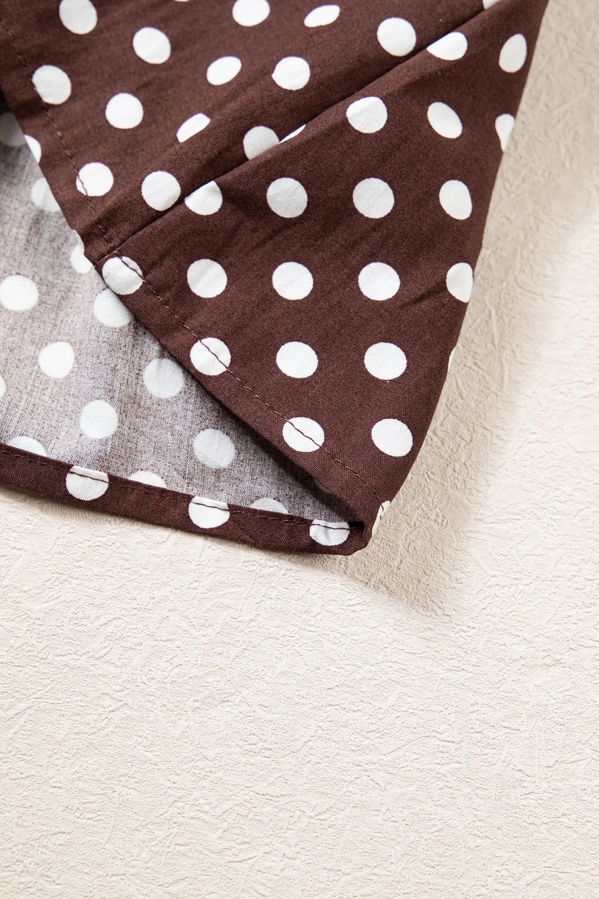 Polka Dot Ruffled High Neck Shirred Ruffle Hem Blouse – Brown