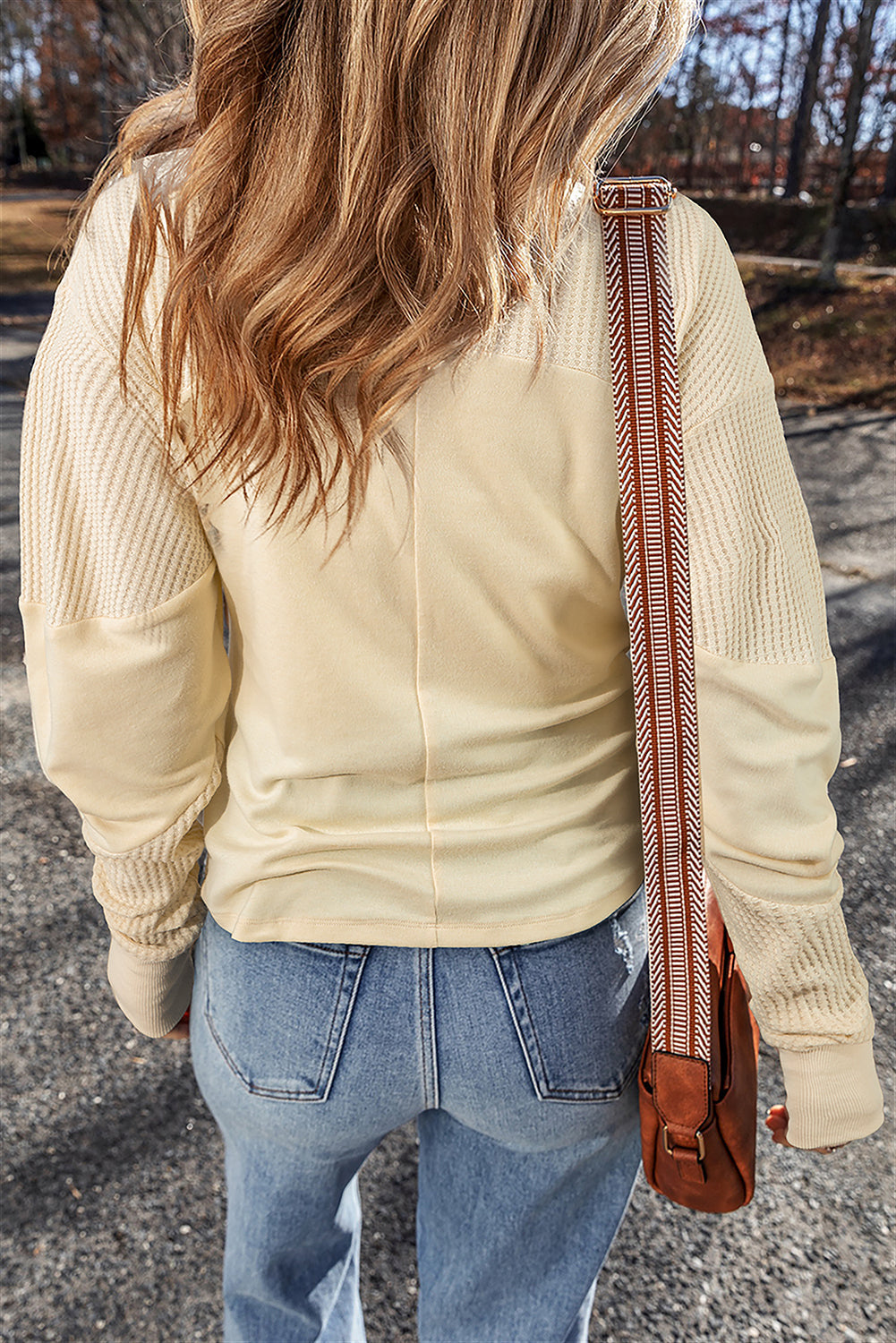 Beige Thermal Knit Patchwork Exposed Seam Long Sleeve Top BB Fashion Outlet