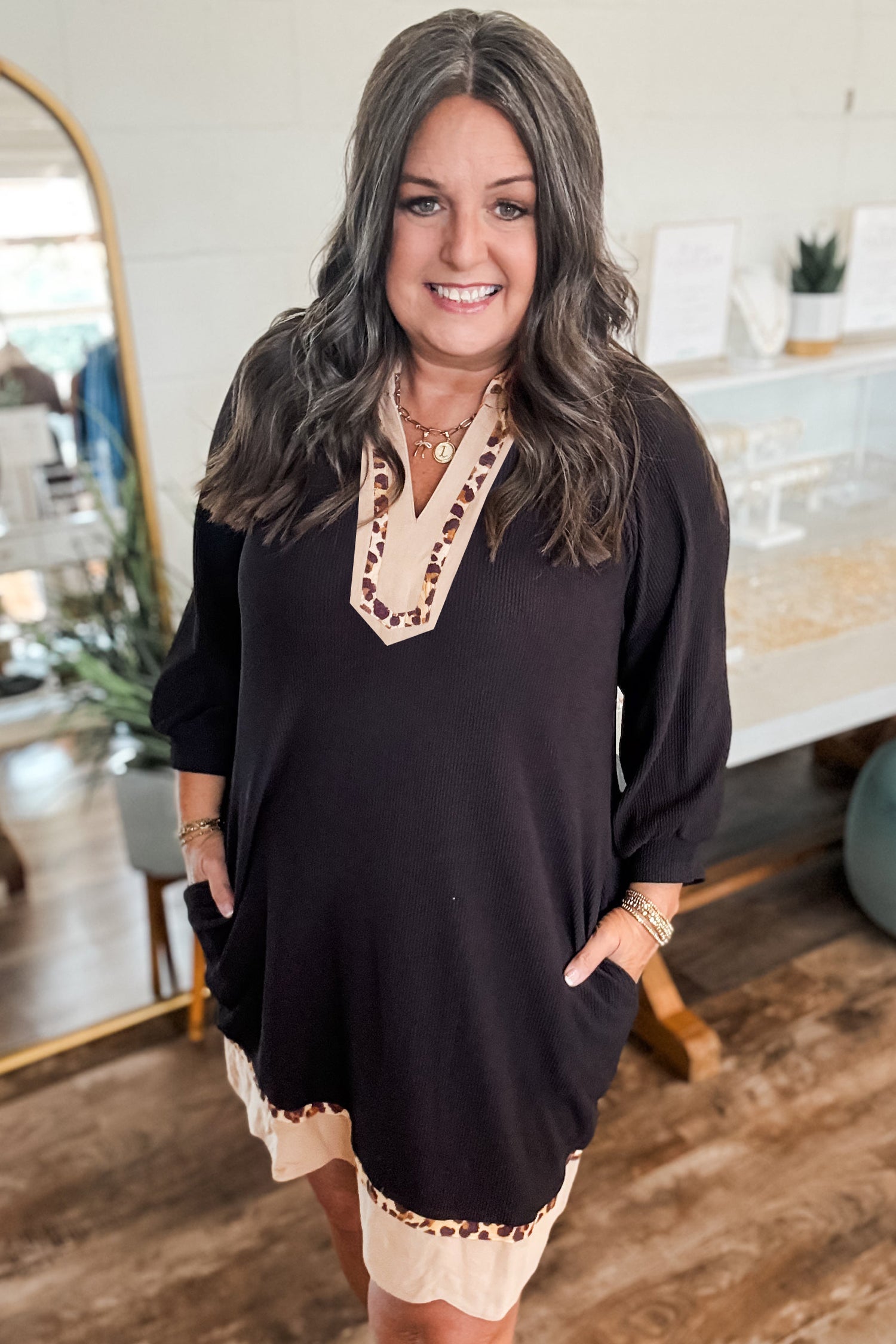 Black Contrast Leopard Trim Plus Size Ribbed Dress - Size/Plus Dresses