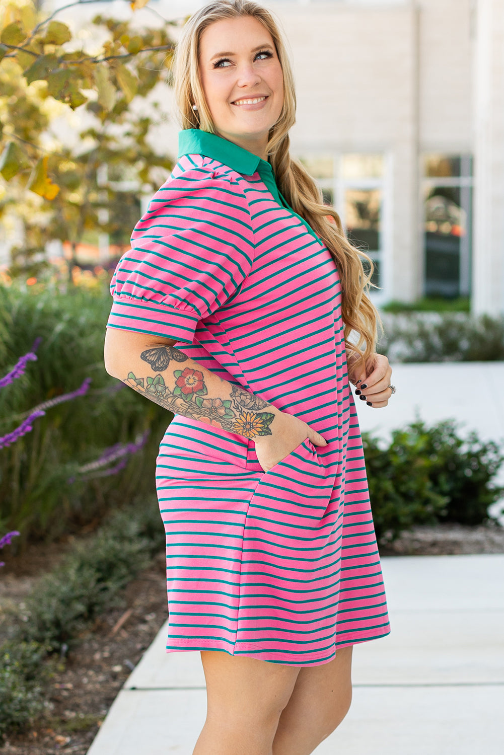 Rose Stripe Collared V Neck Puff Sleeve Shift T Shirt Dress with Pockets BB Fashion Outlet