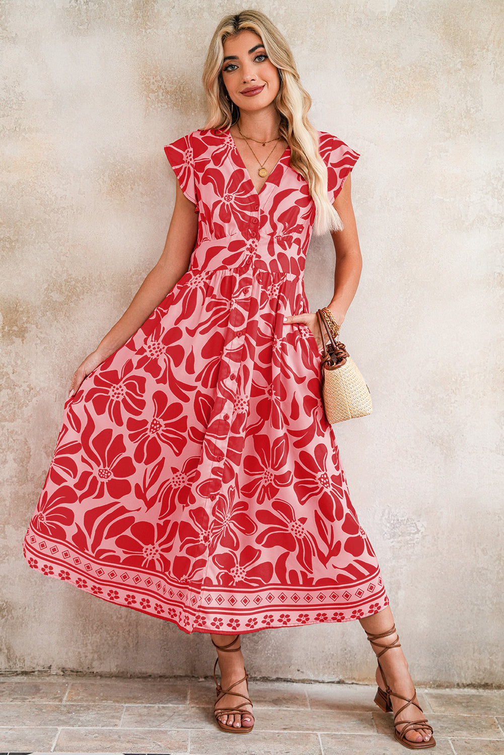 Boho Floral V-Neck Ruffle Shoulder Maxi Dress
