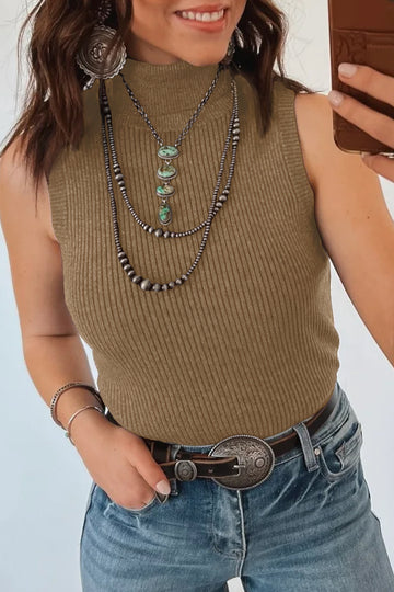 Western Ribbed Knit High Neck Sleeveless Waist Slim Fit Sweater Vest – Light French Beige