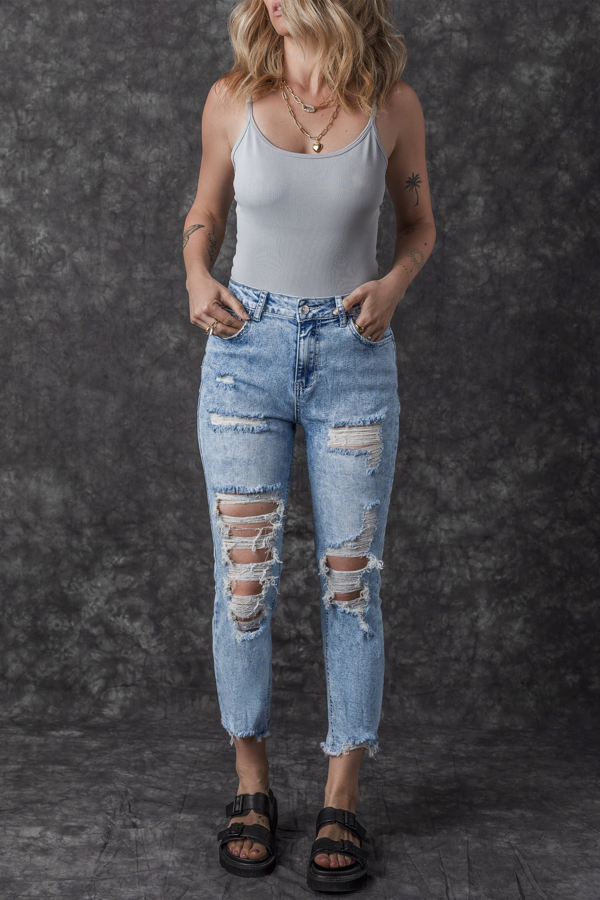 Sky Blue Acid Wash Distressed Slim Fit Jeans Beagle Boutique Fashion Outlet