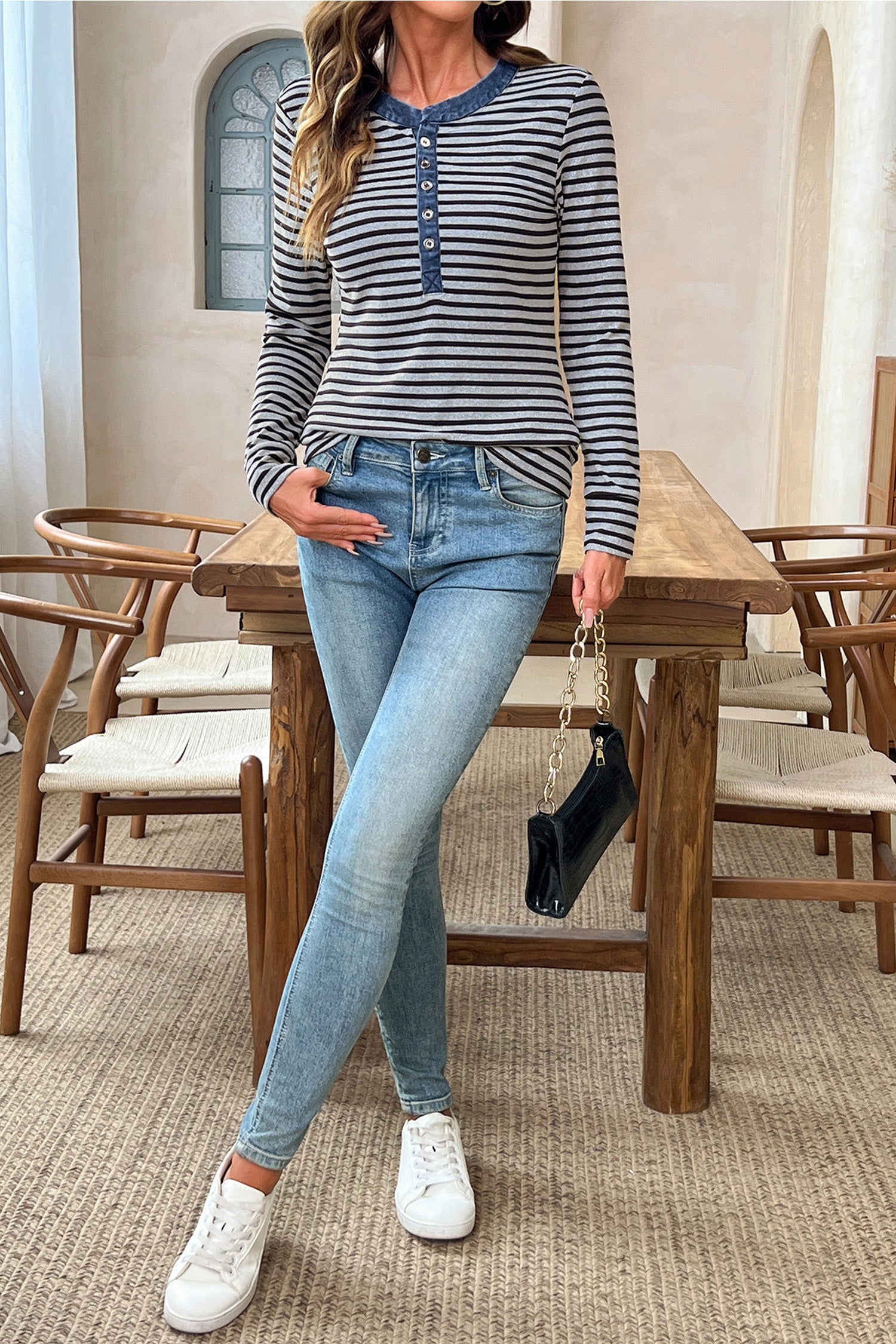 Denim Contrast Collar Half Button Long Sleeve Top – Gray Stripe