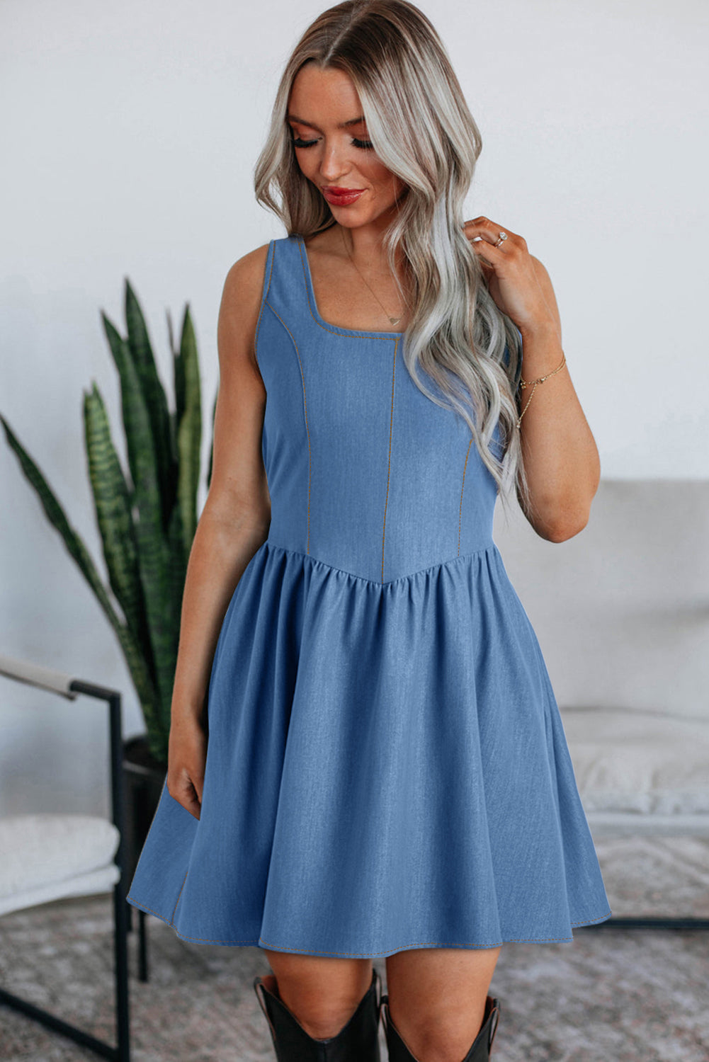 Myosotis Square Neck V-Cut Backless Tied Fit and Flare Dress Dear-Lover Dropshipping