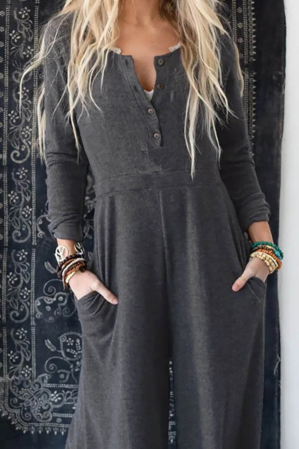 Grey Button Long Sleeve Wide Leg Jumpsuit eAura