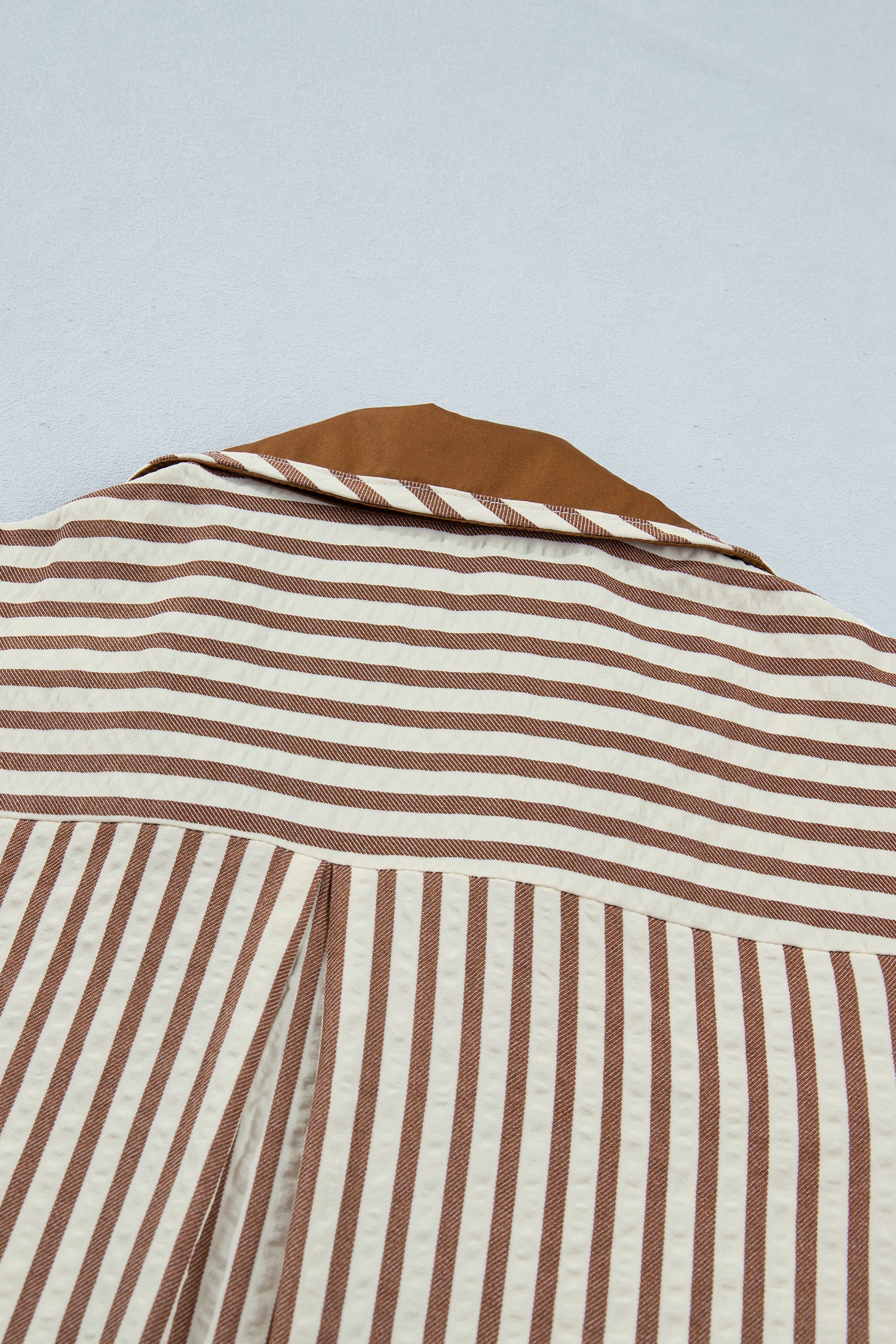Shirt Collar Color Block Patchwork Trim Ruffle Hem Short Dress – Brown Stripe