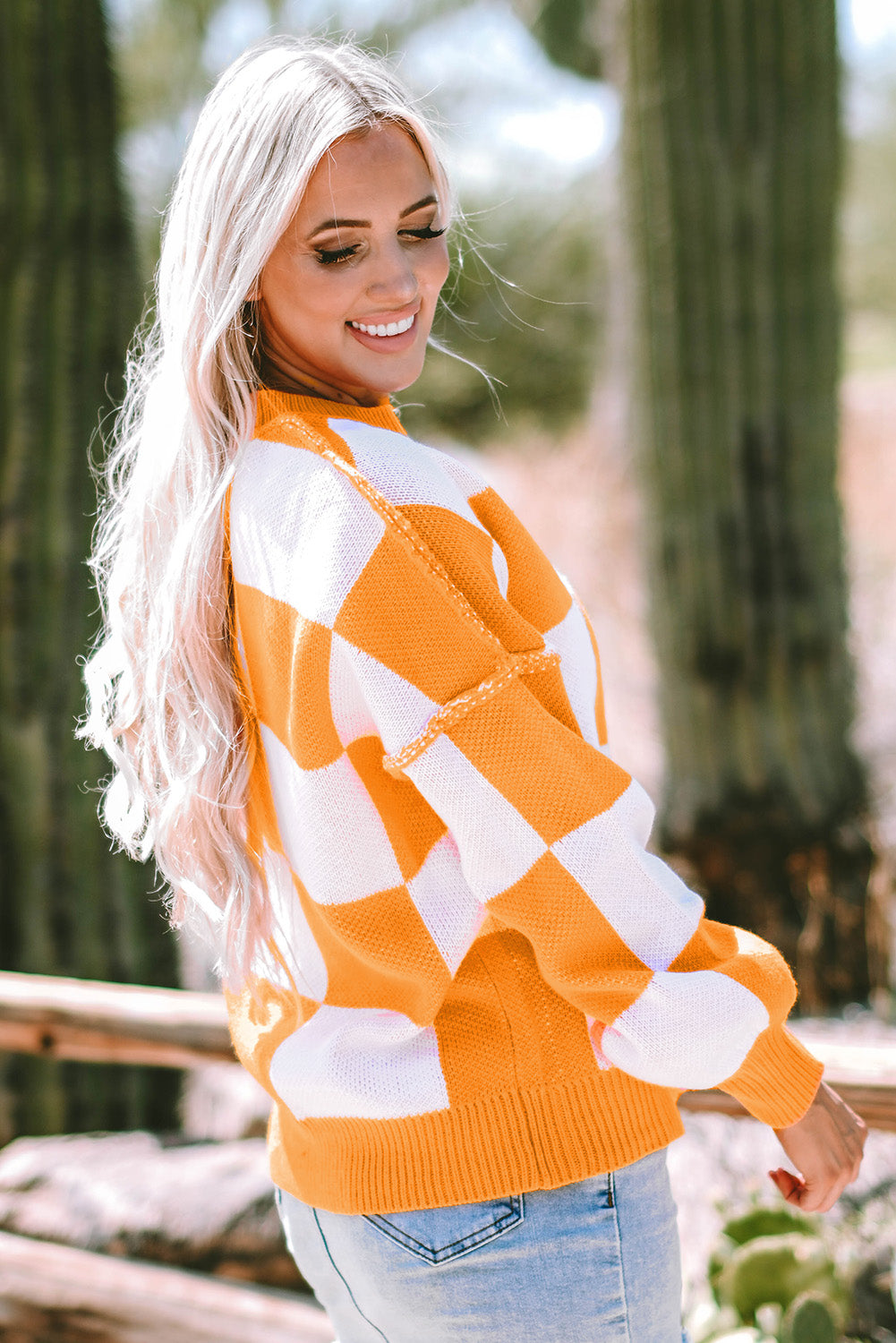 Orange Checkered Bishop Sleeve Sweater eAura