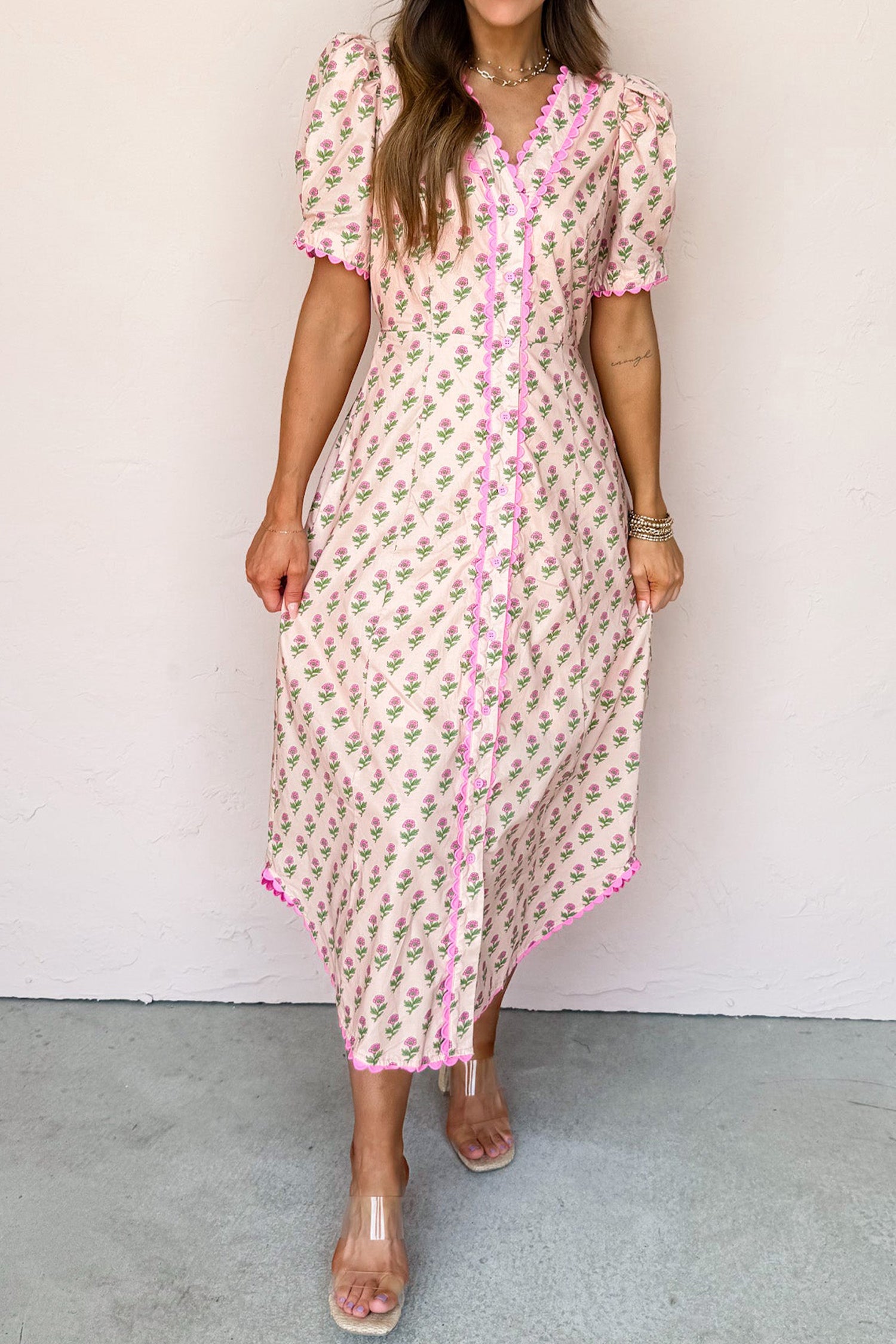 Floral Print V-Neck Scallop Trim Button Front Short Sleeve Long Dress