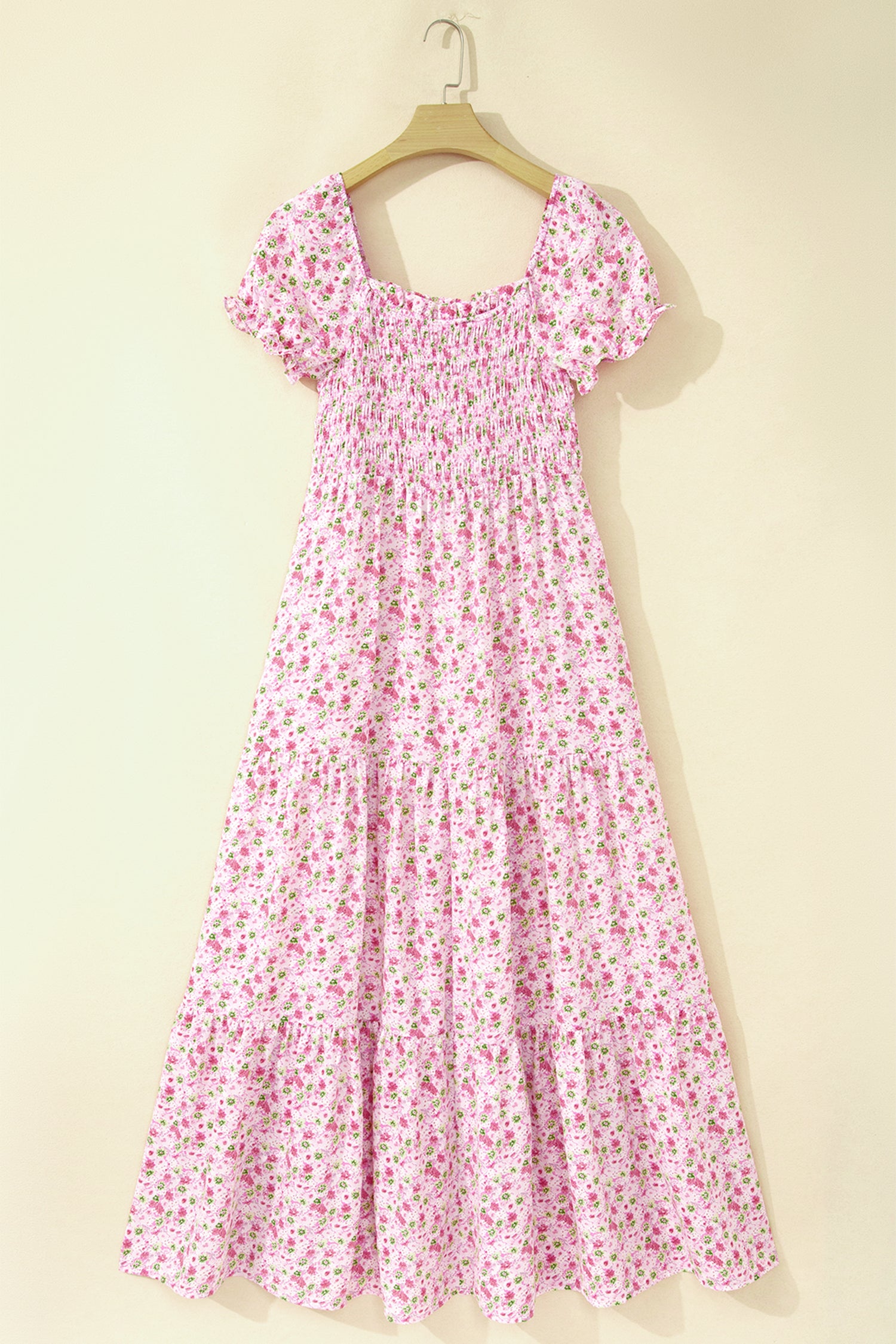 Floral Short Bubble Sleeve Shirred High Waist Maxi Dress – Pink