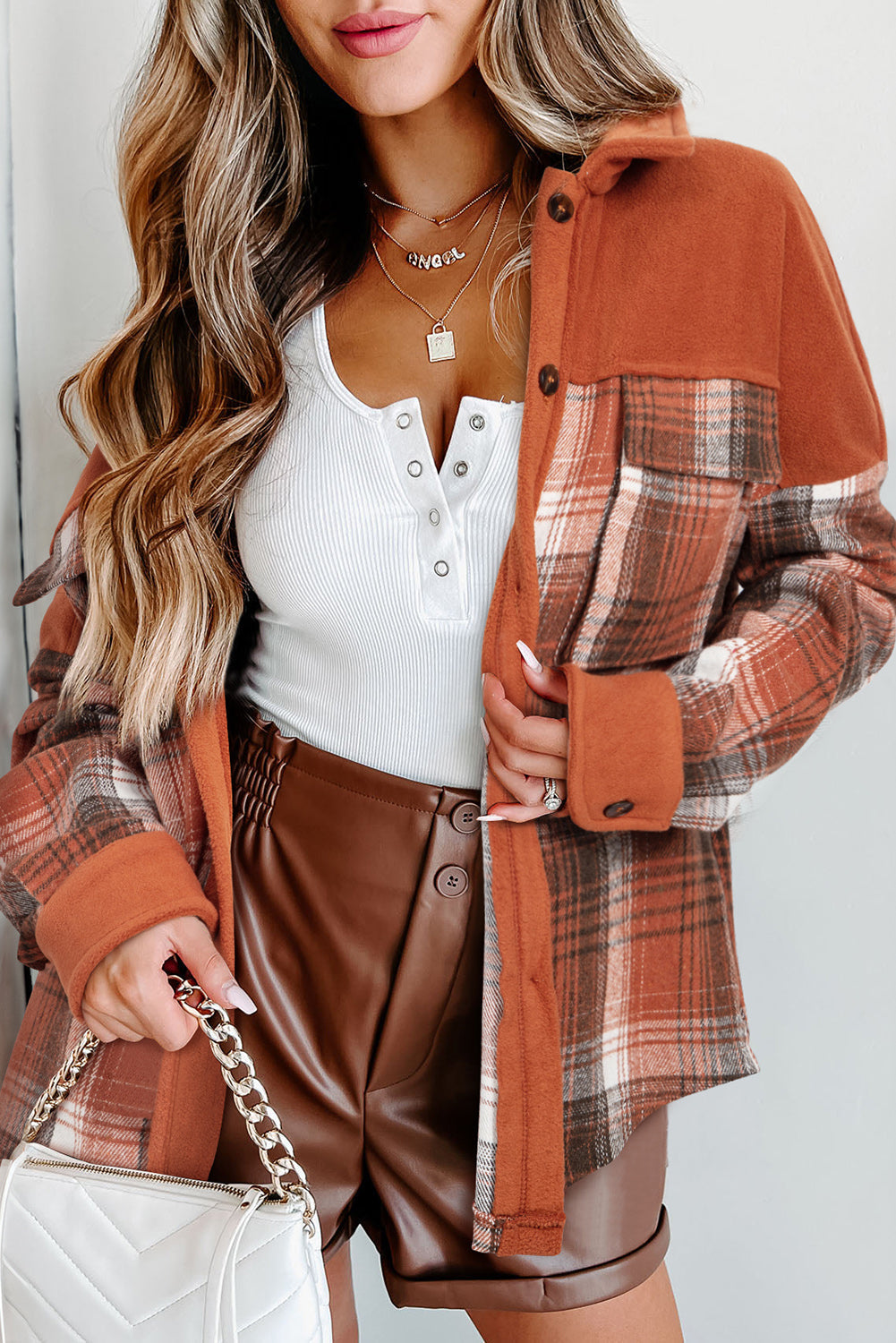 Khaki Colourblock Plaid Pattern Flap Pockets Buttoned Shacket eAura