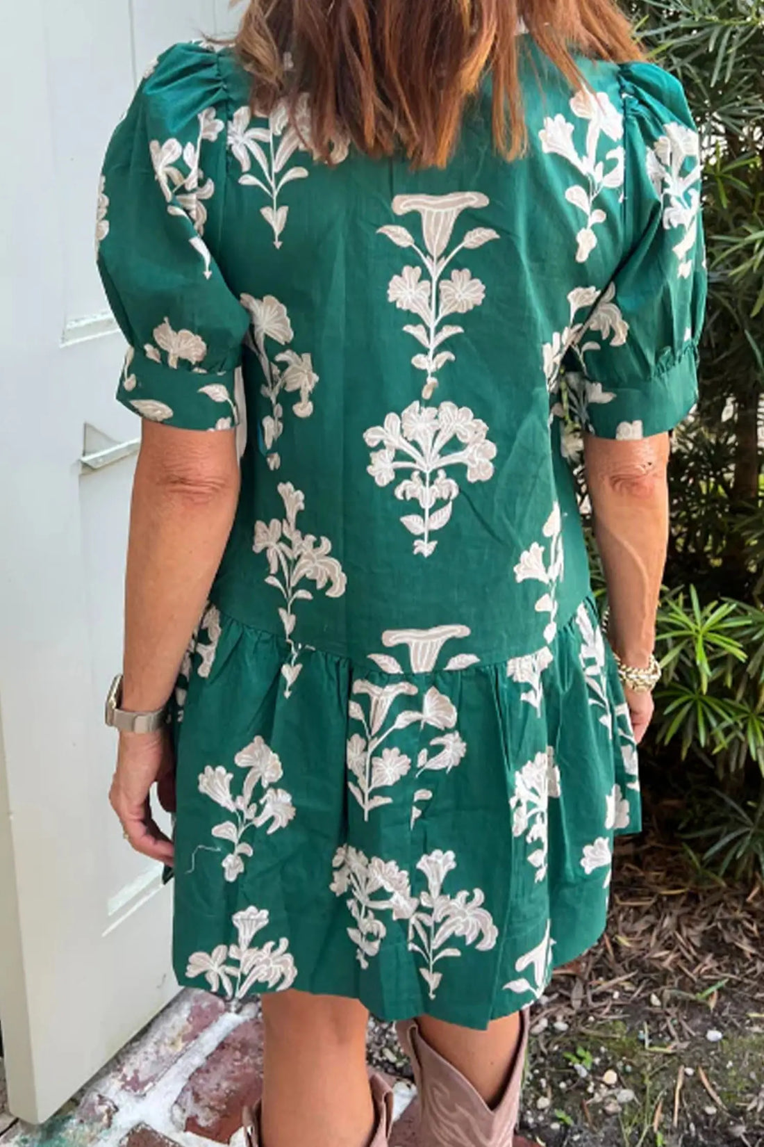 Floral Frill V-Neck Puff Sleeve Drop Waist Mini Dress